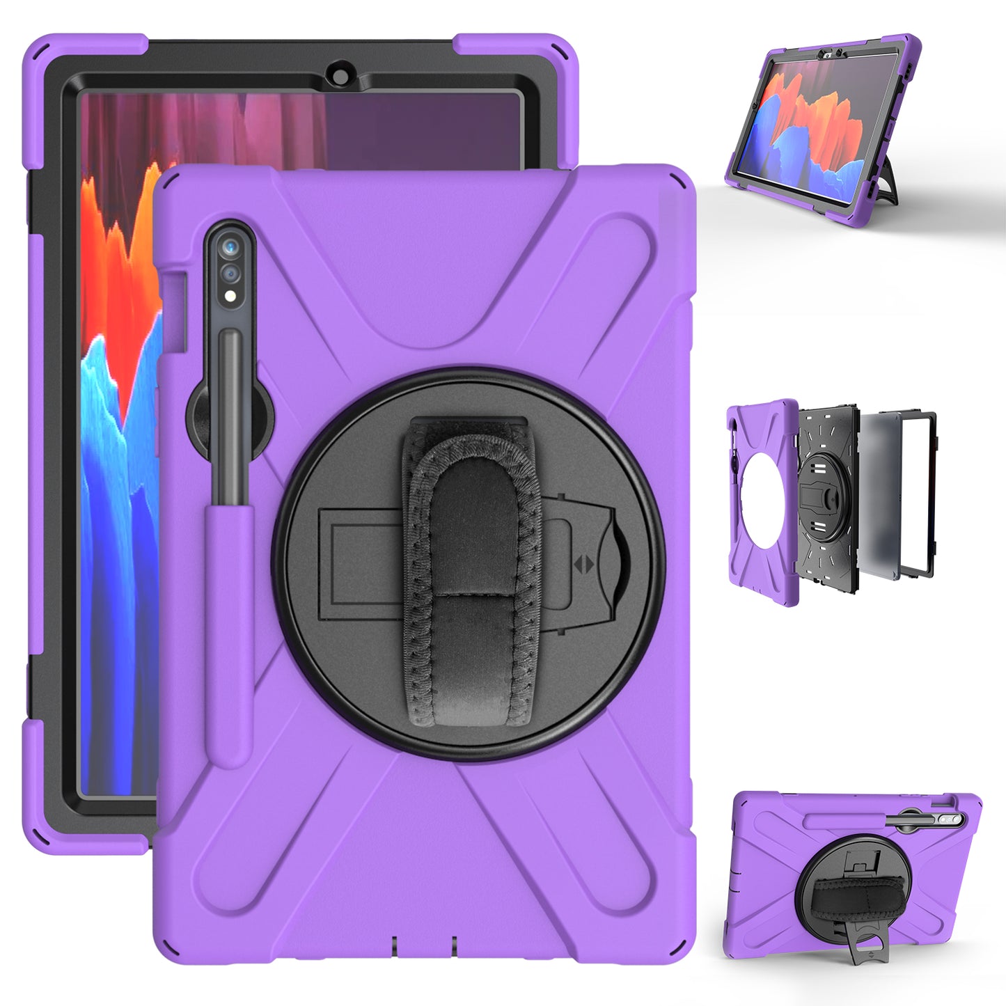For Samsung Galaxy Tab S7 T870 T875 / S8 X700 / S9 X710 / S9 FE X510 360° Swivel Kickstand PC + Silicone Tablet Case - Purple