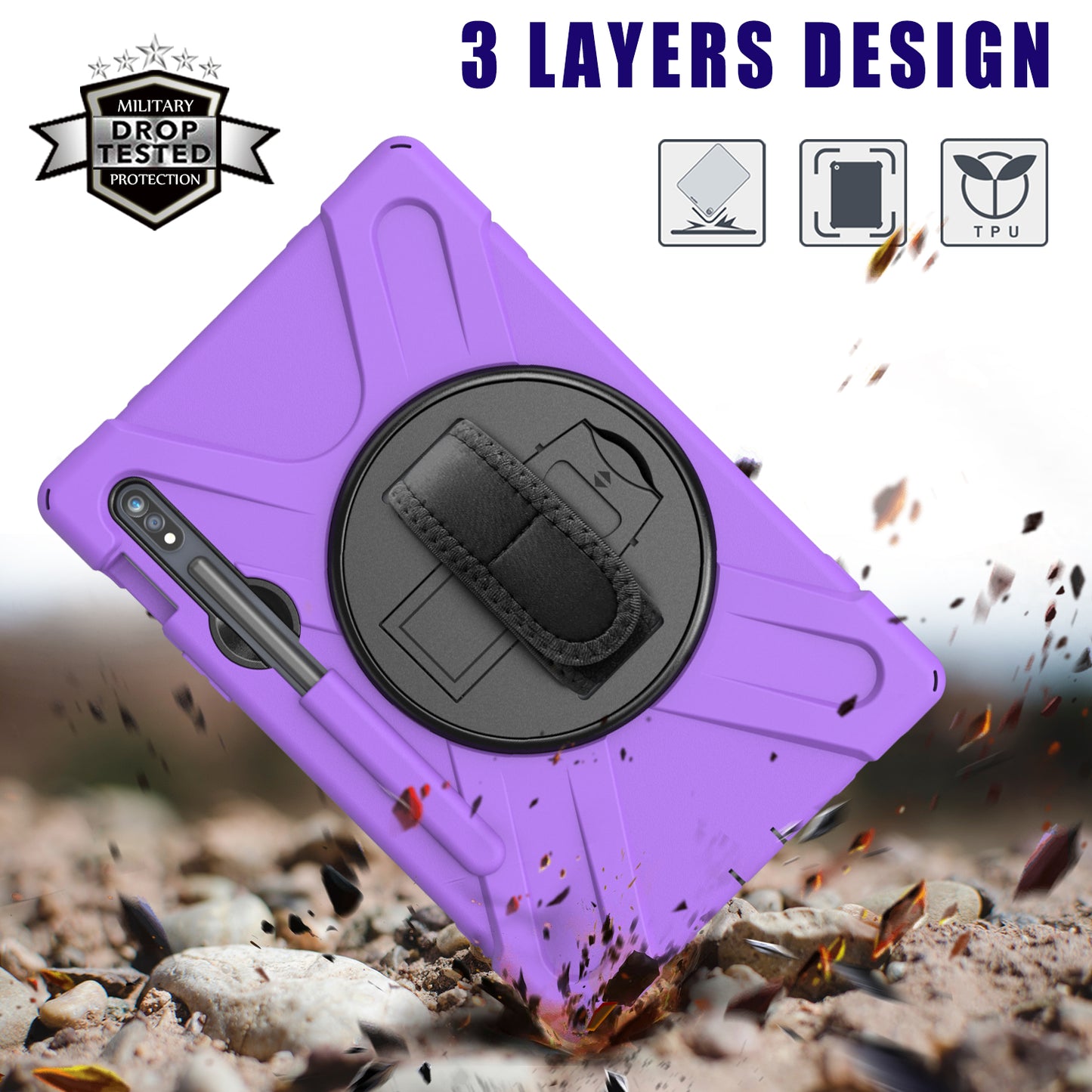 For Samsung Galaxy Tab S7 T870 T875 / S8 X700 / S9 X710 / S9 FE X510 360° Swivel Kickstand PC + Silicone Tablet Case - Purple