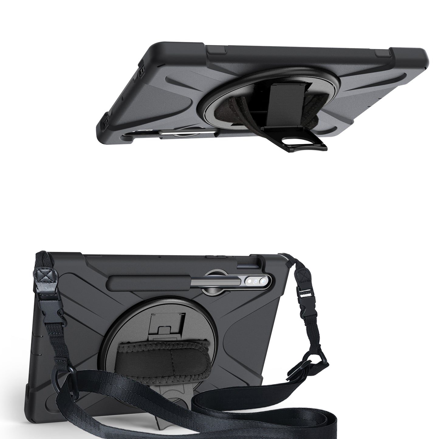 For Samsung Galaxy Tab S7 T870 T875 / S8 X700 / S9 X710 / S9 FE X510 360° Swivel Kickstand PC + Silicone Tablet Case with Shoulder Strap - Black