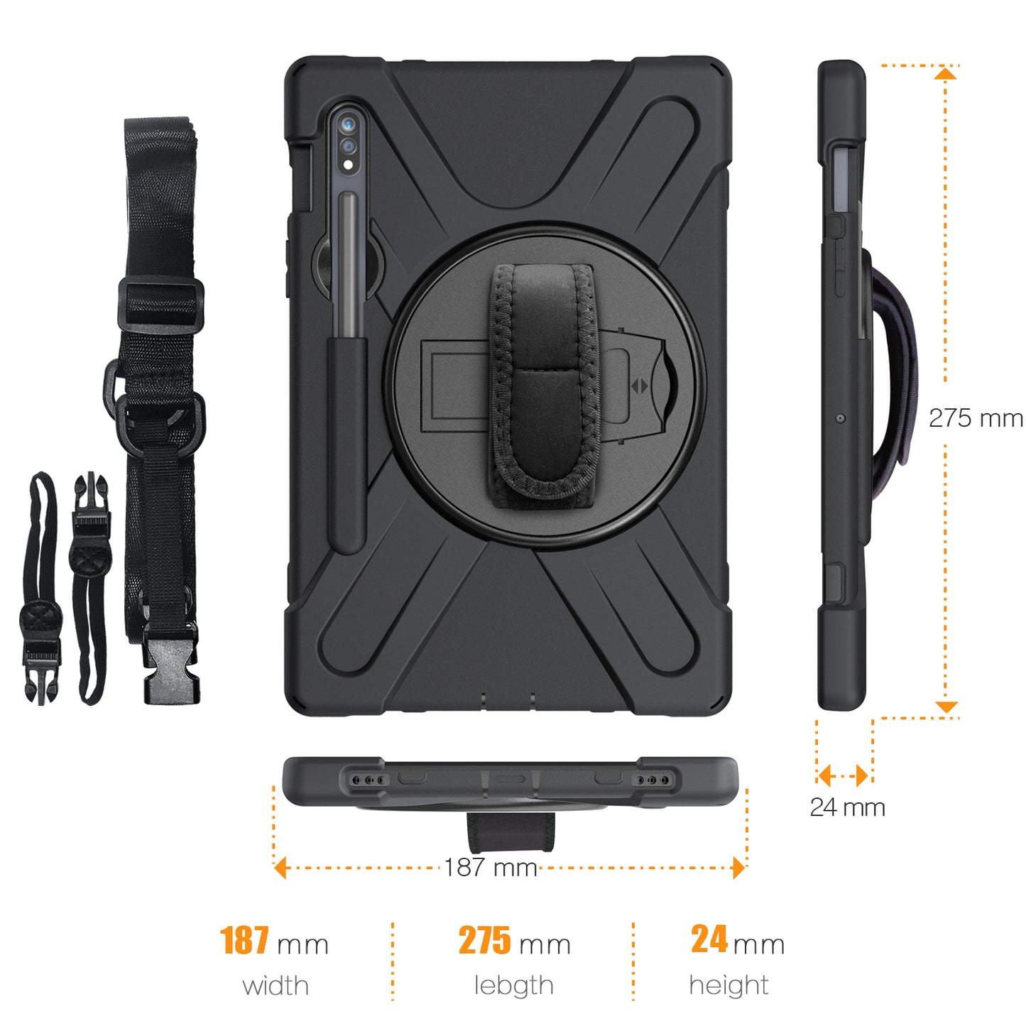 For Samsung Galaxy Tab S7 T870 T875 / S8 X700 / S9 X710 / S9 FE X510 360° Swivel Kickstand PC + Silicone Tablet Case with Shoulder Strap - Black