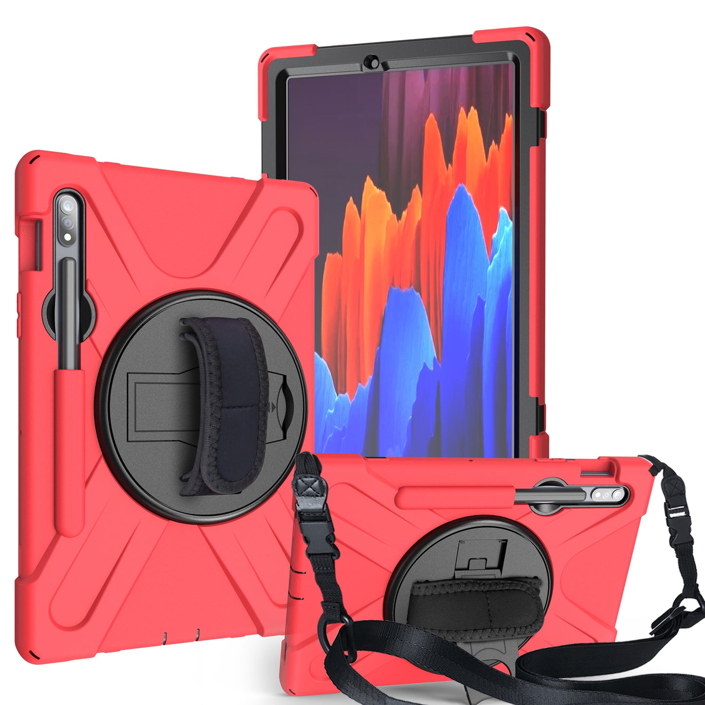 For Samsung Galaxy Tab S7 T870 / T875 / S8 360° Swivel Kickstand Handy Strap PC + Silicone Combo Tablet Case with Shoulder Strap - Red