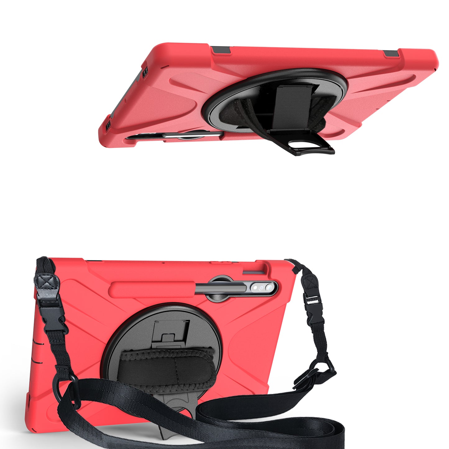 For Samsung Galaxy Tab S7 T870 / T875 / S8 360° Swivel Kickstand Handy Strap PC + Silicone Combo Tablet Case with Shoulder Strap - Red