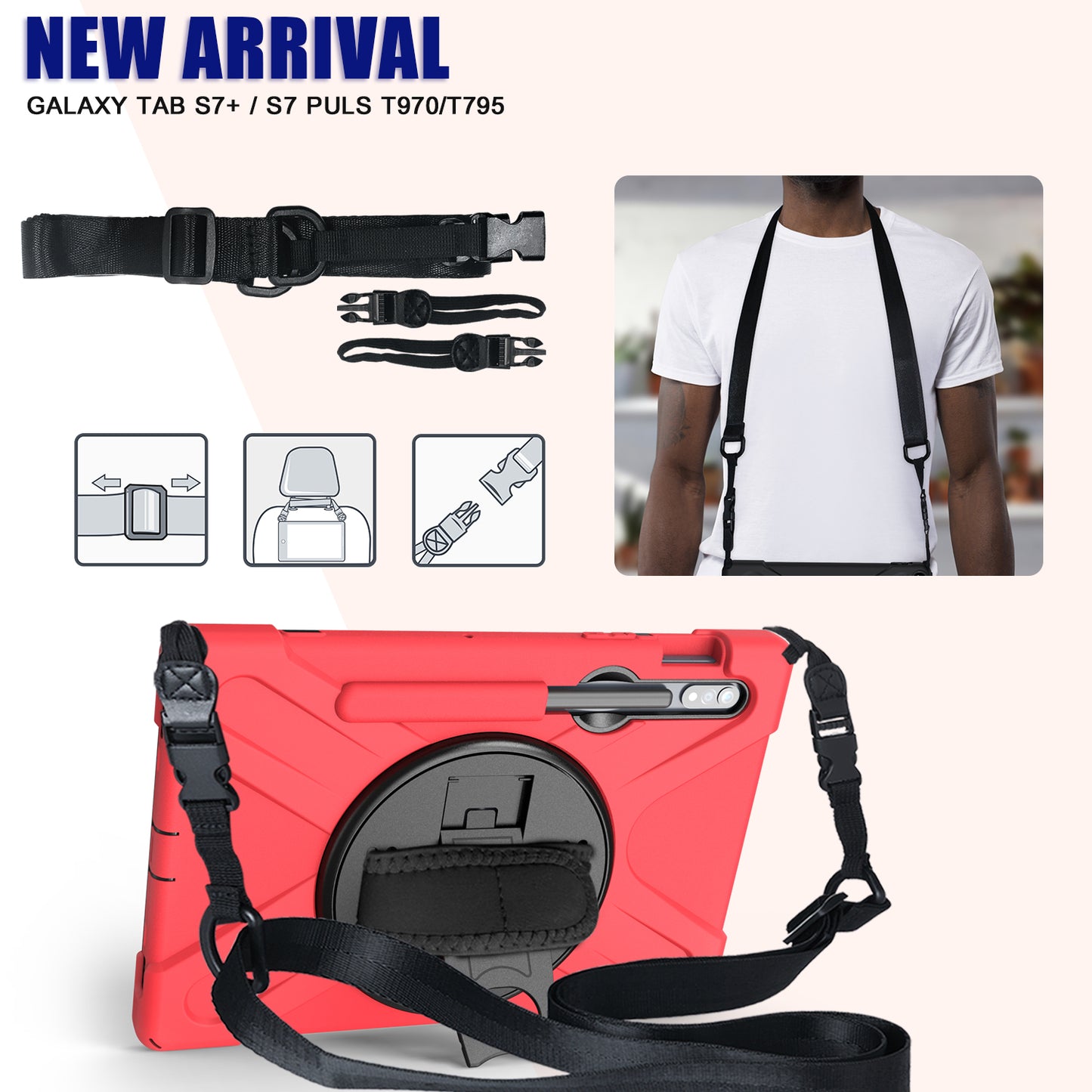 For Samsung Galaxy Tab S7 T870 / T875 / S8 360° Swivel Kickstand Handy Strap PC + Silicone Combo Tablet Case with Shoulder Strap - Red