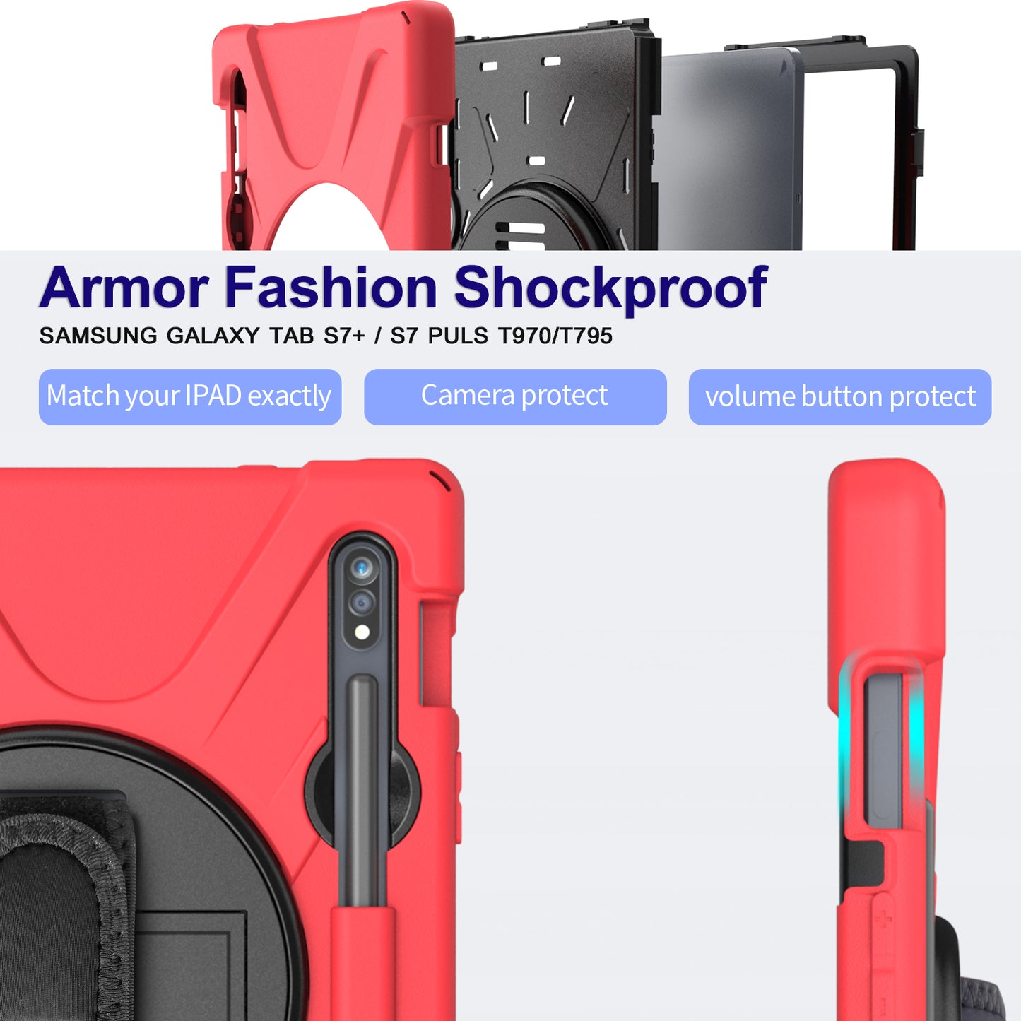For Samsung Galaxy Tab S7 T870 / T875 / S8 360° Swivel Kickstand Handy Strap PC + Silicone Combo Tablet Case with Shoulder Strap - Red