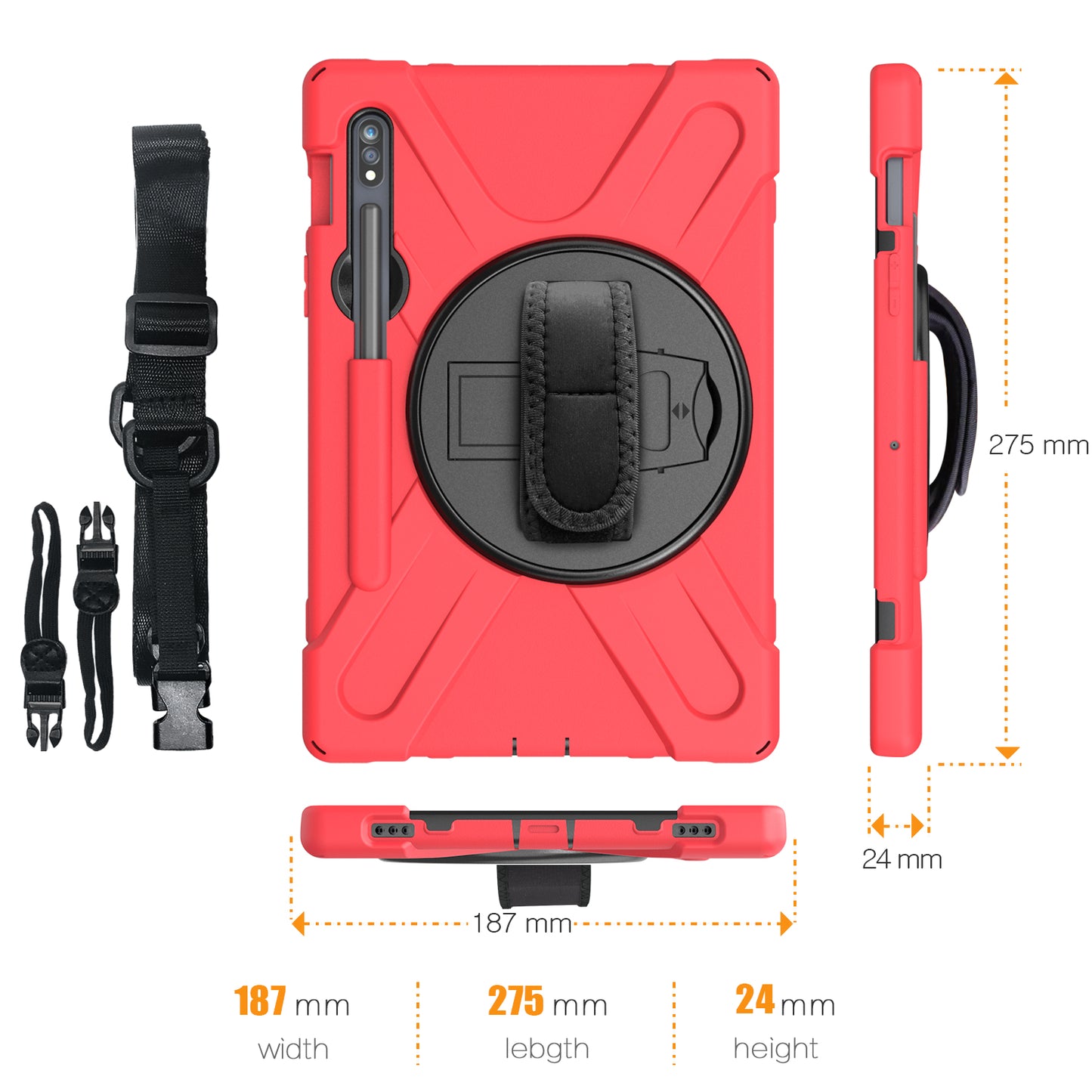 For Samsung Galaxy Tab S7 T870 / T875 / S8 360° Swivel Kickstand Handy Strap PC + Silicone Combo Tablet Case with Shoulder Strap - Red