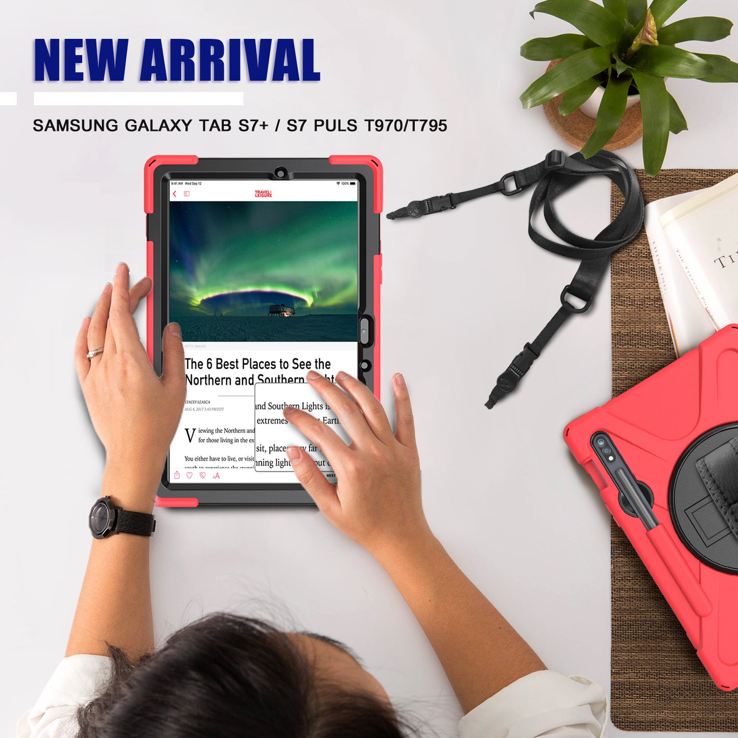 For Samsung Galaxy Tab S7 T870 / T875 / S8 360° Swivel Kickstand Handy Strap PC + Silicone Combo Tablet Case with Shoulder Strap - Red