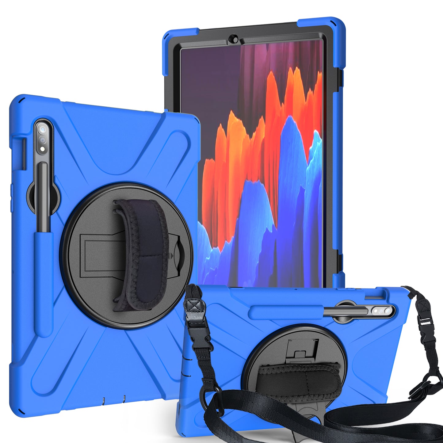 For Samsung Galaxy Tab S7 T870 T875 / S8 X700 / S9 X710 / S9 FE X510 360° Swivel Kickstand PC + Silicone Tablet Case with Shoulder Strap - Blue