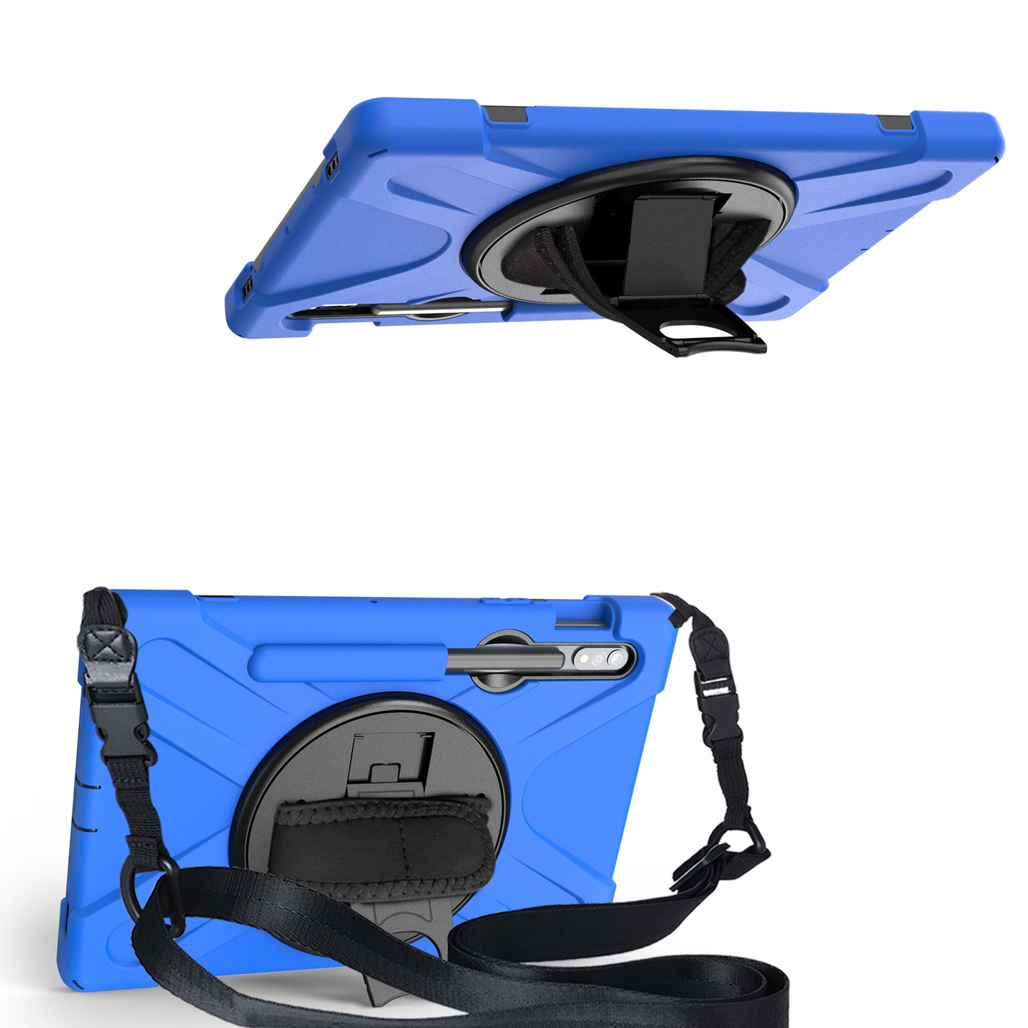 For Samsung Galaxy Tab S7 T870 T875 / S8 X700 / S9 X710 / S9 FE X510 360° Swivel Kickstand PC + Silicone Tablet Case with Shoulder Strap - Blue