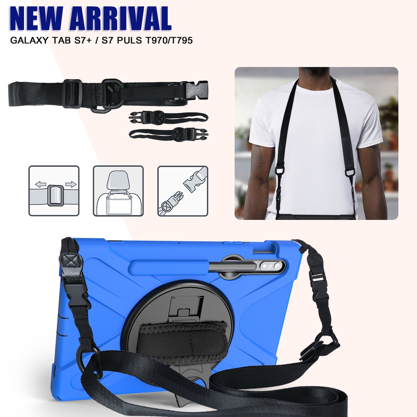 For Samsung Galaxy Tab S7 T870 T875 / S8 X700 / S9 X710 / S9 FE X510 360° Swivel Kickstand PC + Silicone Tablet Case with Shoulder Strap - Blue