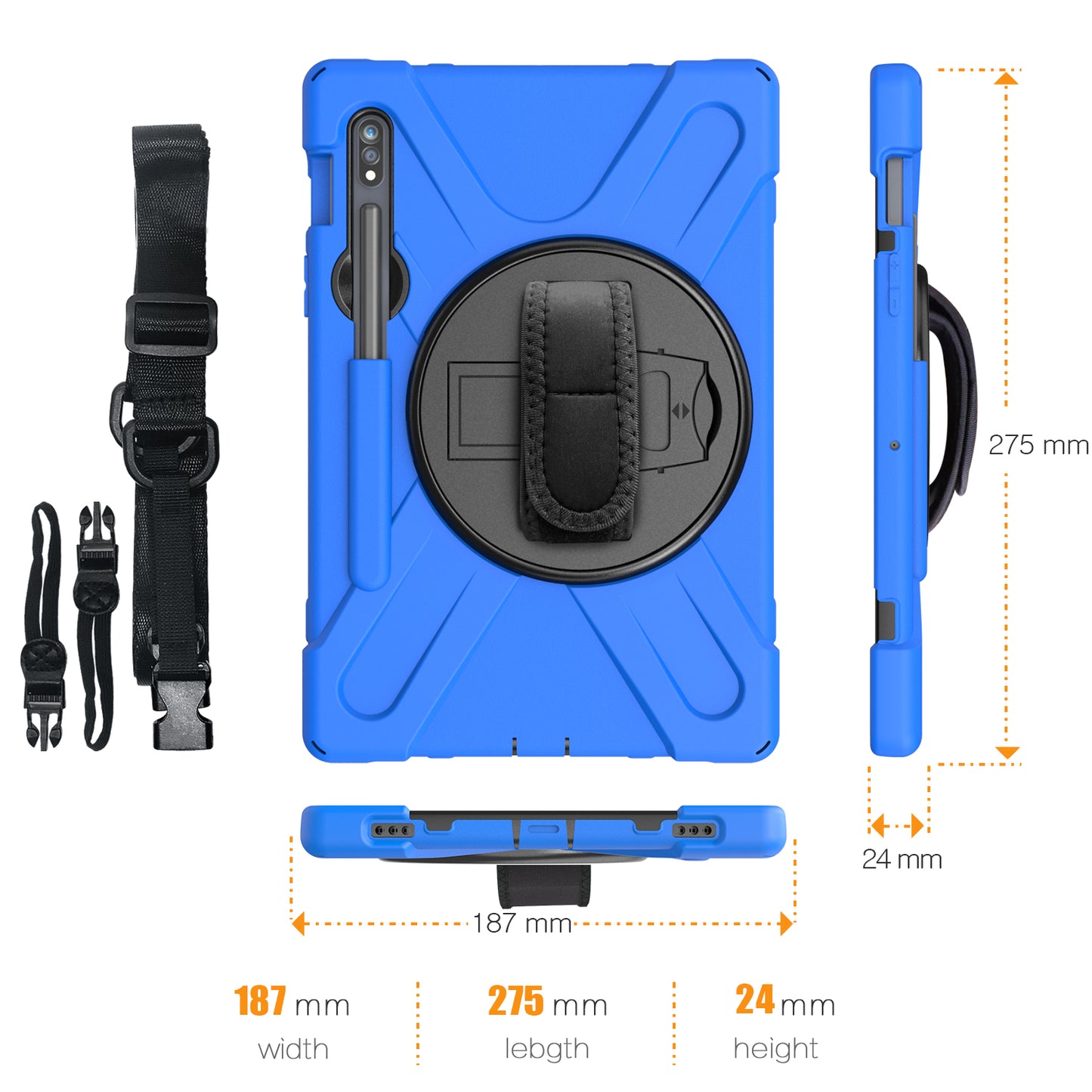 For Samsung Galaxy Tab S7 T870 T875 / S8 X700 / S9 X710 / S9 FE X510 360° Swivel Kickstand PC + Silicone Tablet Case with Shoulder Strap - Blue
