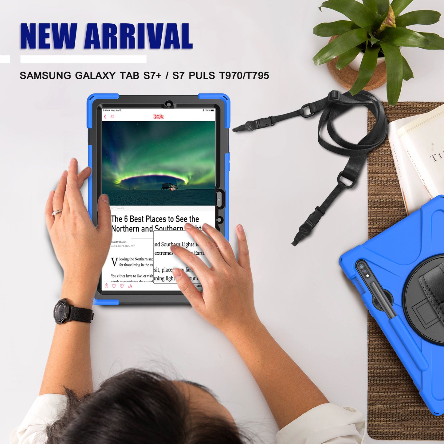 For Samsung Galaxy Tab S7 T870 T875 / S8 X700 / S9 X710 / S9 FE X510 360° Swivel Kickstand PC + Silicone Tablet Case with Shoulder Strap - Blue