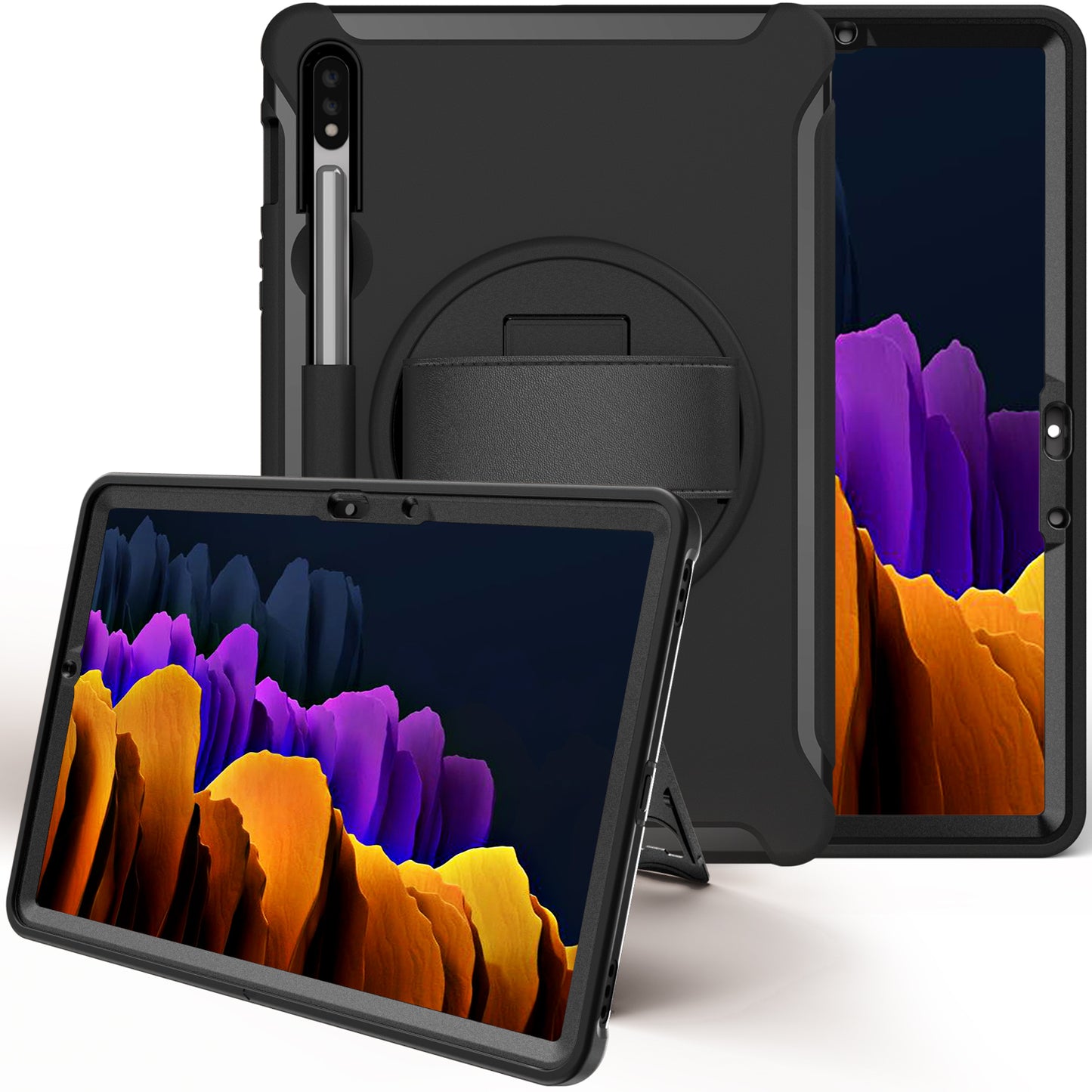 For Samsung Galaxy Tab S7 T870 T875 / S8 X700 / S9 X710 / S9 FE X510 360° Swivel Kickstand PC + TPU Tablet Case with Hand Strap - Black