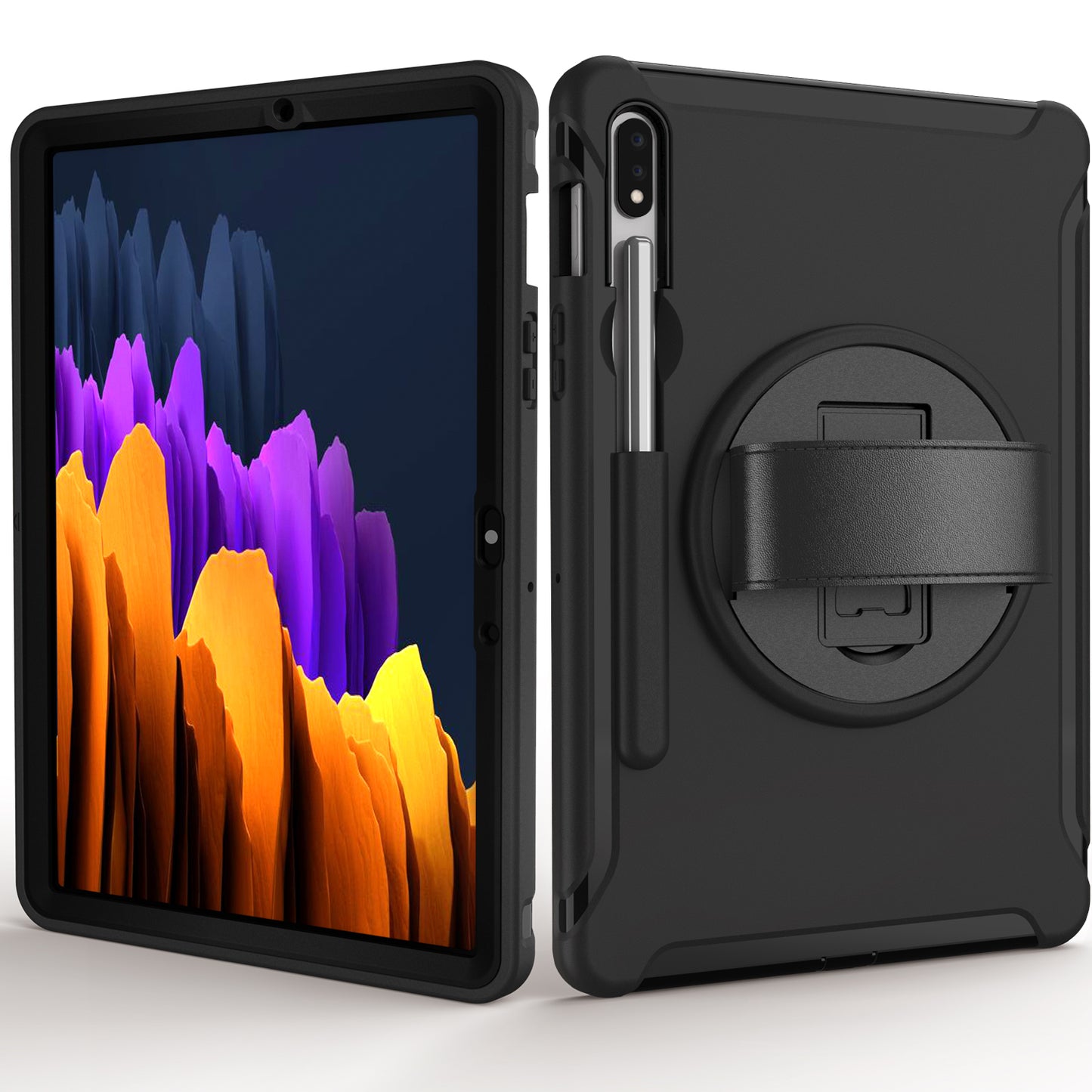 For Samsung Galaxy Tab S7 T870 T875 / S8 X700 / S9 X710 / S9 FE X510 360° Swivel Kickstand PC + TPU Tablet Case with Hand Strap - Black