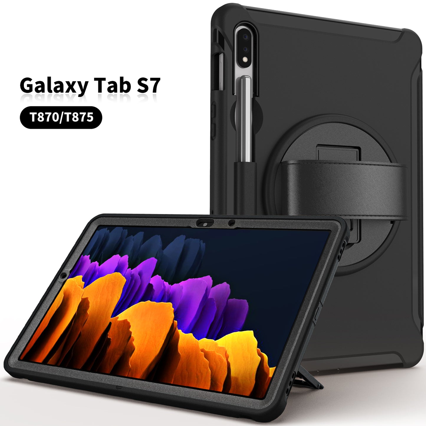 For Samsung Galaxy Tab S7 T870 T875 / S8 X700 / S9 X710 / S9 FE X510 360° Swivel Kickstand PC + TPU Tablet Case with Hand Strap - Black