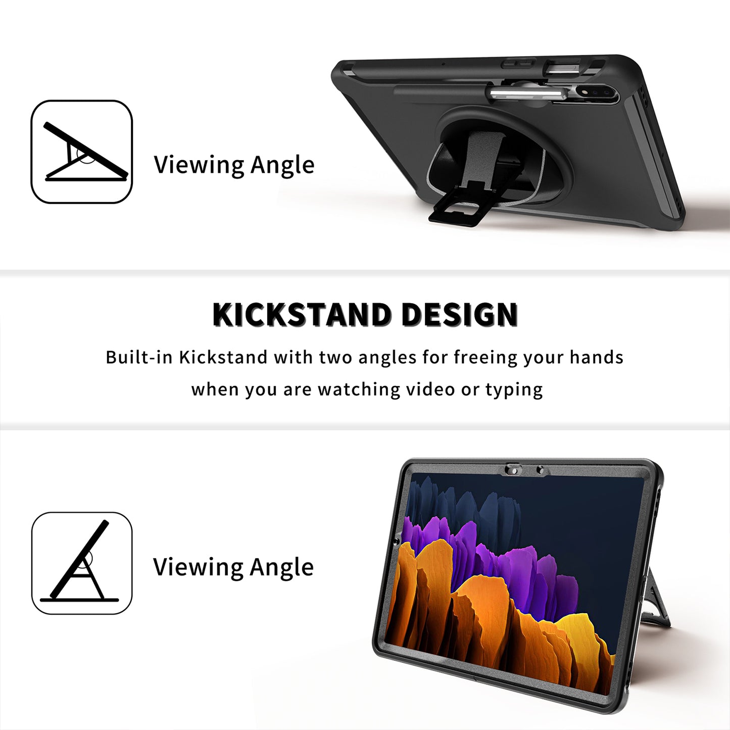 For Samsung Galaxy Tab S7 T870 T875 / S8 X700 / S9 X710 / S9 FE X510 360° Swivel Kickstand PC + TPU Tablet Case with Hand Strap - Black