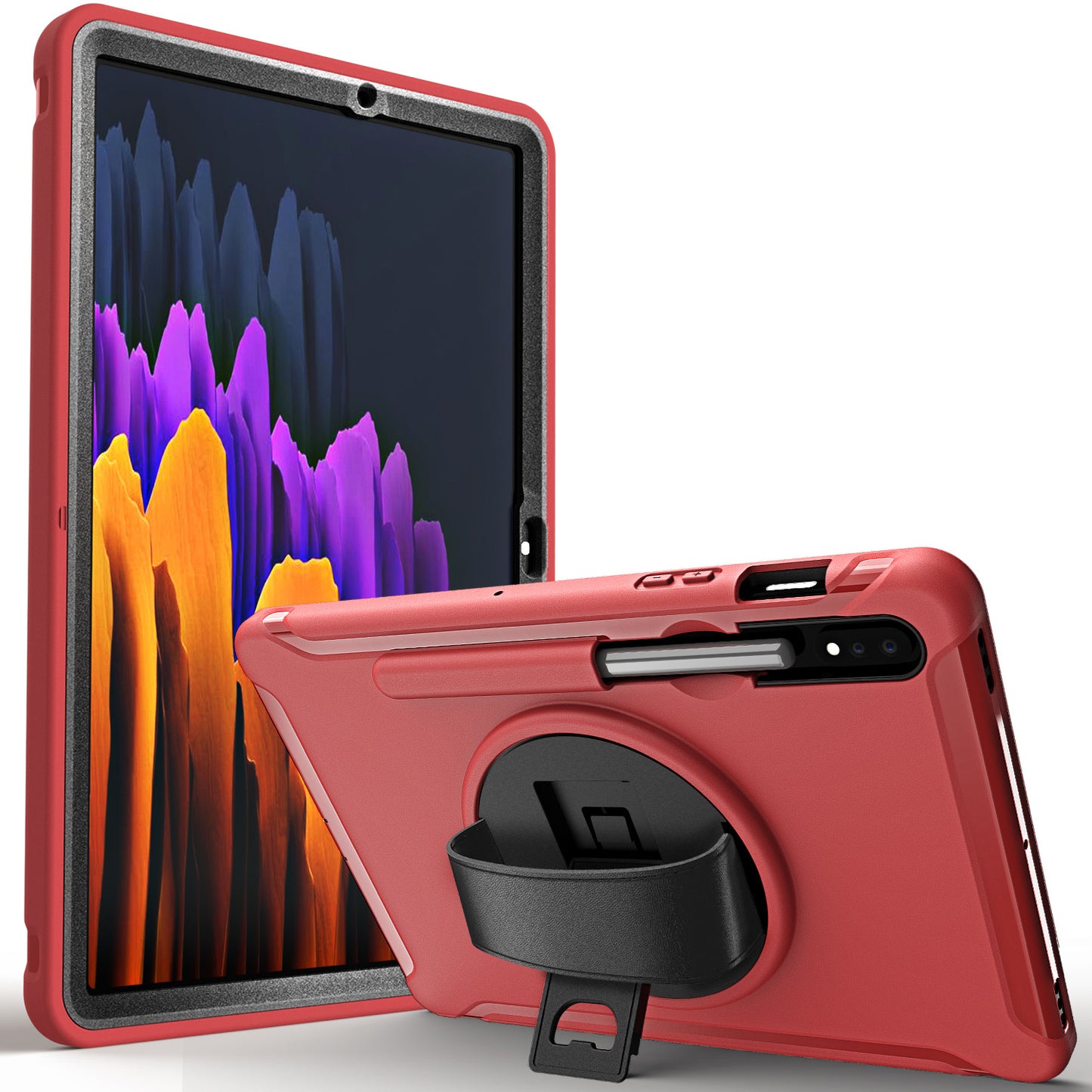 For Samsung Galaxy Tab S7 T870 T875 / S8 X700 / S9 X710 / S9 FE X510 360° Swivel Kickstand PC + TPU Tablet Case with Hand Strap - Red