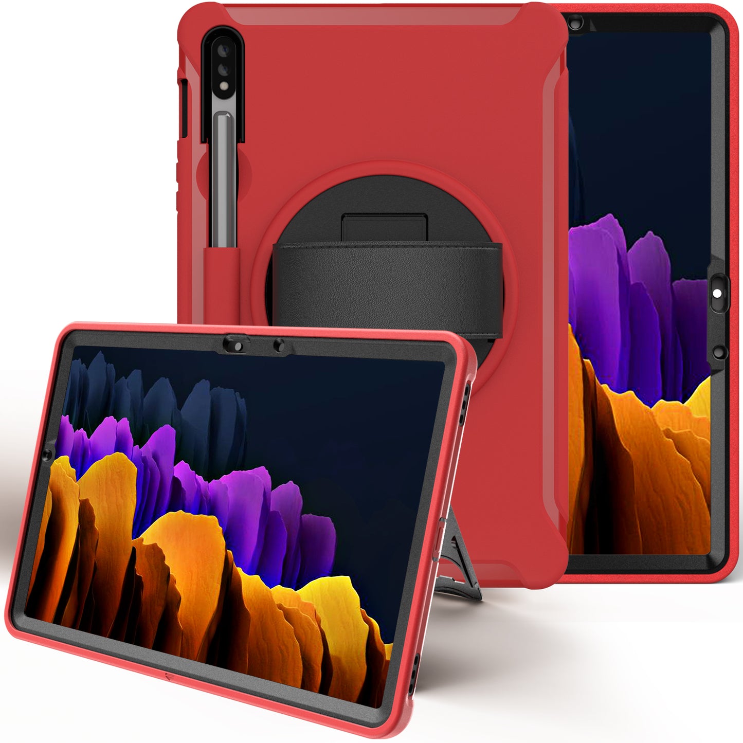 For Samsung Galaxy Tab S7 T870 T875 / S8 X700 / S9 X710 / S9 FE X510 360° Swivel Kickstand PC + TPU Tablet Case with Hand Strap - Red