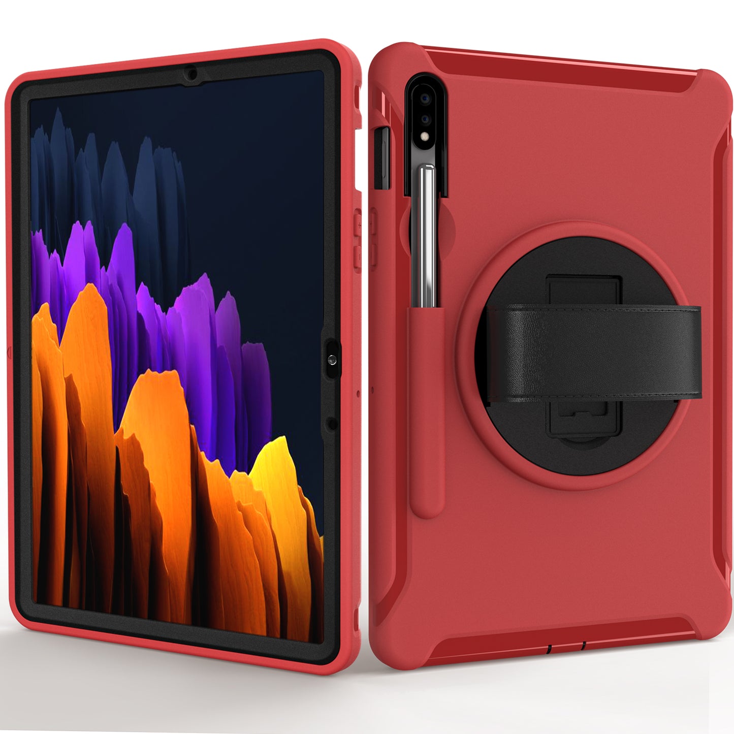 For Samsung Galaxy Tab S7 T870 T875 / S8 X700 / S9 X710 / S9 FE X510 360° Swivel Kickstand PC + TPU Tablet Case with Hand Strap - Red