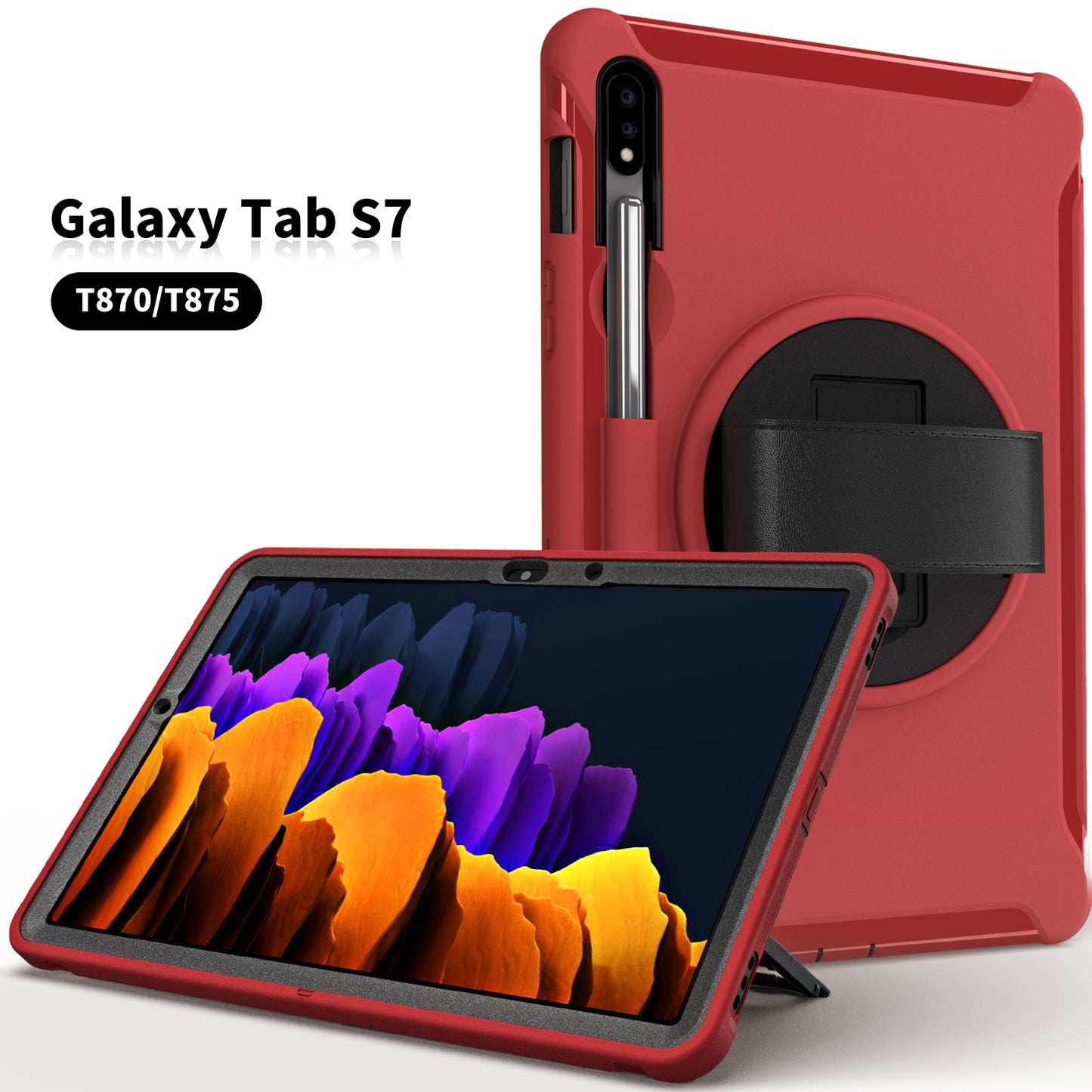 For Samsung Galaxy Tab S7 T870 T875 / S8 X700 / S9 X710 / S9 FE X510 360° Swivel Kickstand PC + TPU Tablet Case with Hand Strap - Red