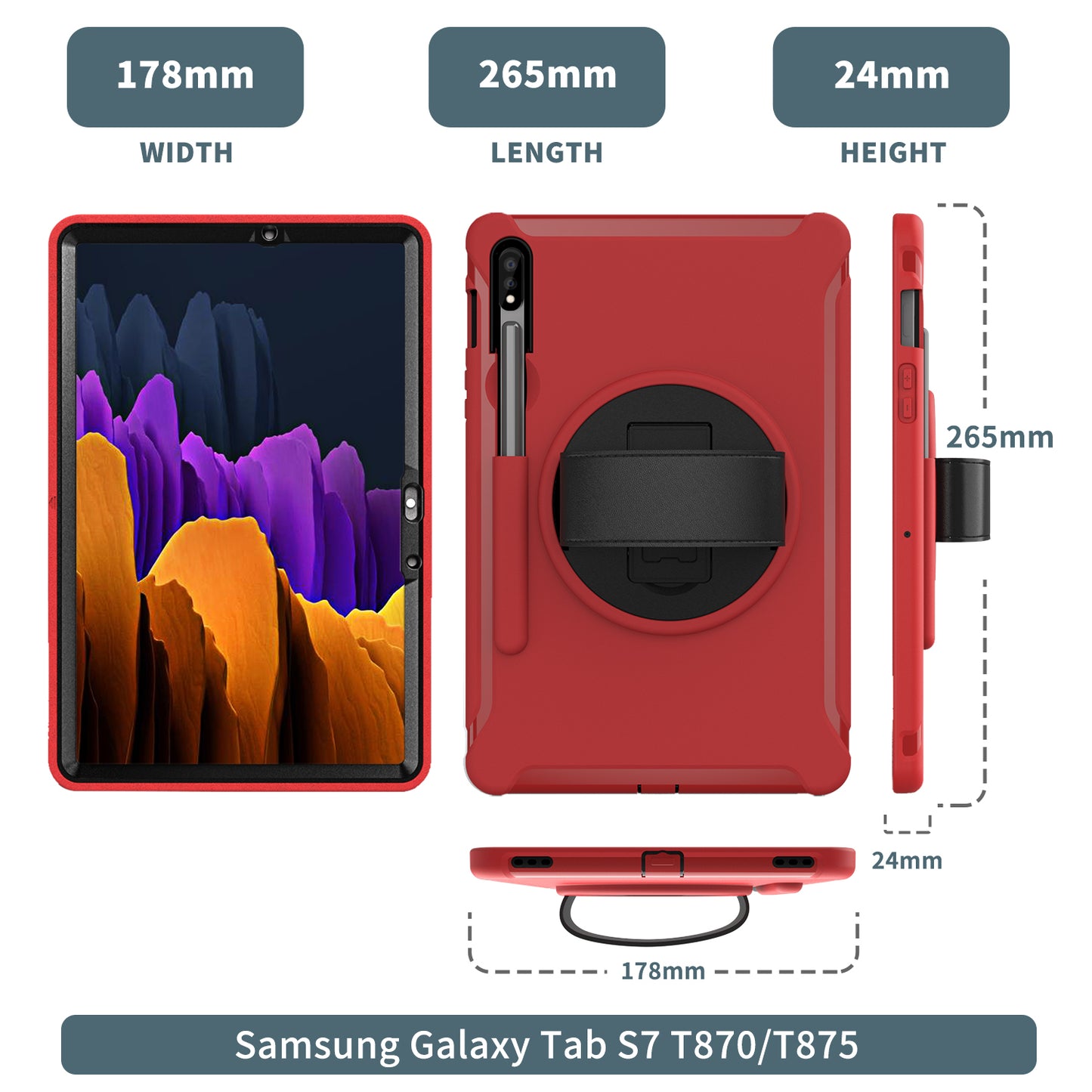 For Samsung Galaxy Tab S7 T870 T875 / S8 X700 / S9 X710 / S9 FE X510 360° Swivel Kickstand PC + TPU Tablet Case with Hand Strap - Red