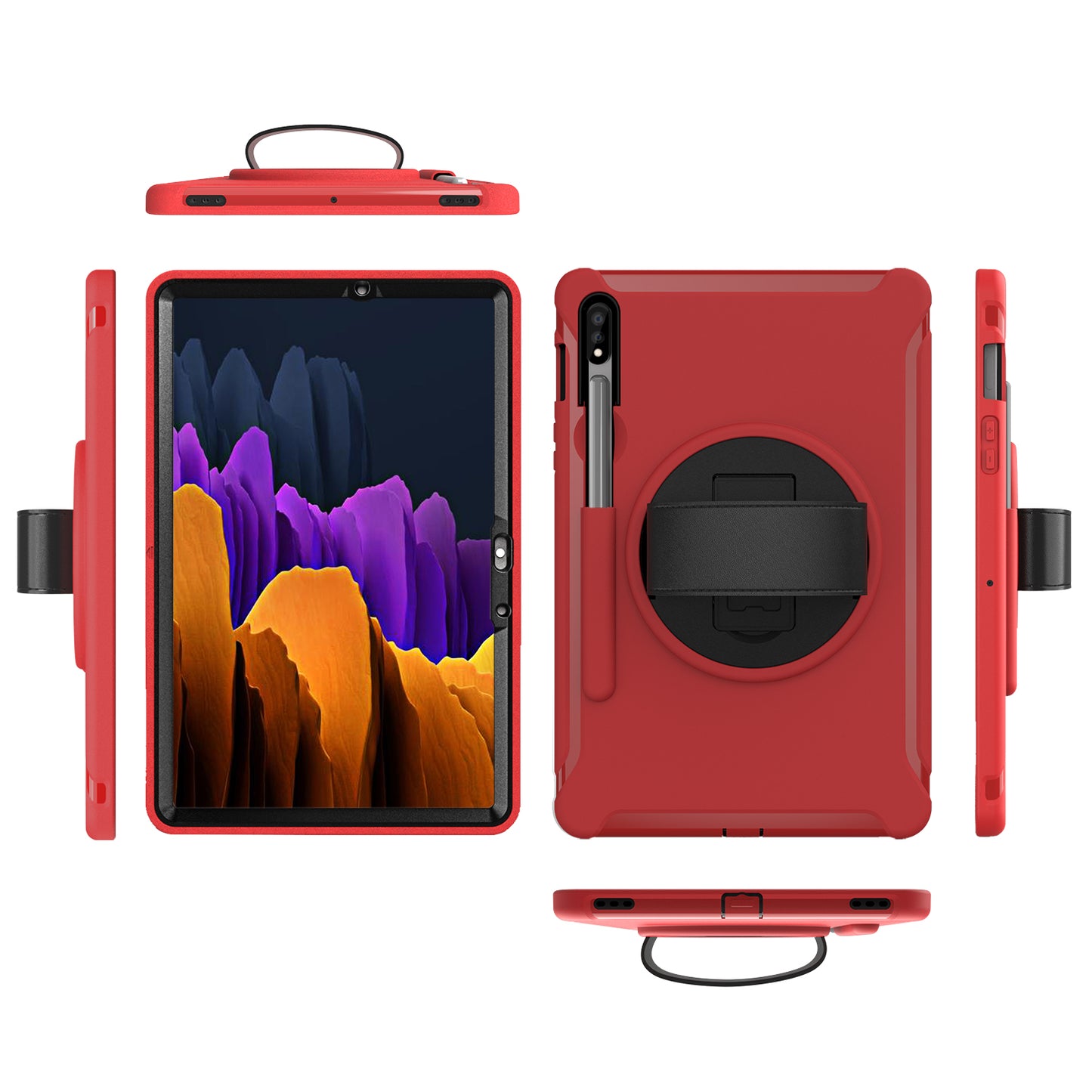 For Samsung Galaxy Tab S7 T870 T875 / S8 X700 / S9 X710 / S9 FE X510 360° Swivel Kickstand PC + TPU Tablet Case with Hand Strap - Red