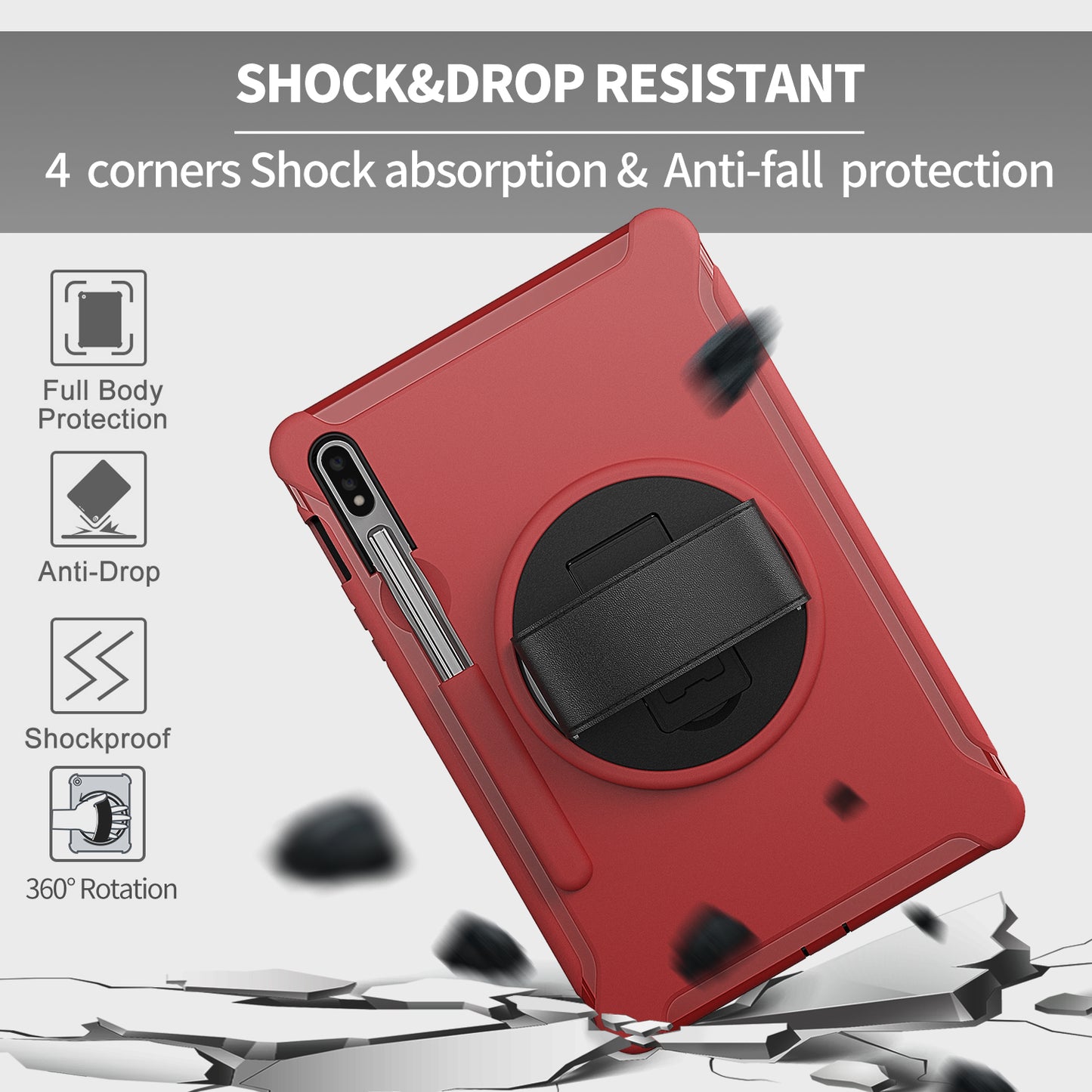 For Samsung Galaxy Tab S7 T870 T875 / S8 X700 / S9 X710 / S9 FE X510 360° Swivel Kickstand PC + TPU Tablet Case with Hand Strap - Red