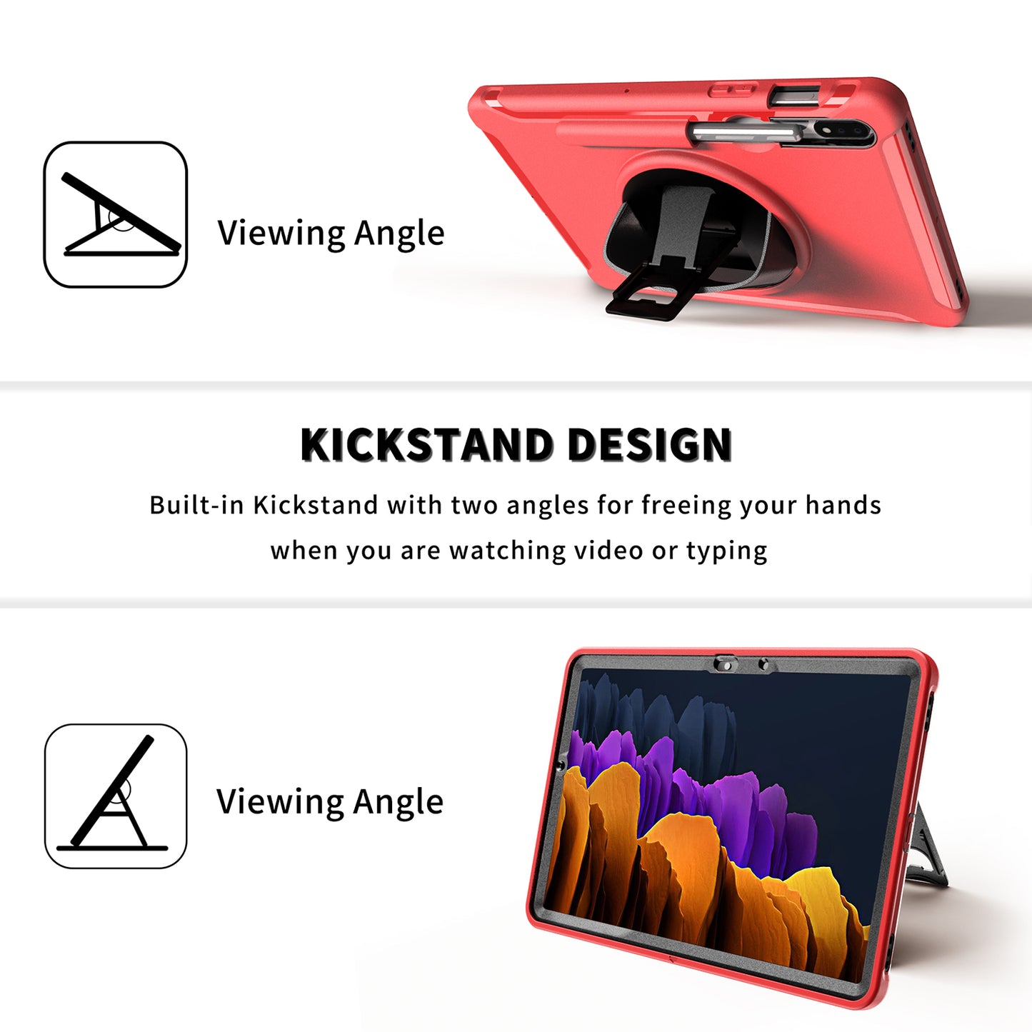 For Samsung Galaxy Tab S7 T870 T875 / S8 X700 / S9 X710 / S9 FE X510 360° Swivel Kickstand PC + TPU Tablet Case with Hand Strap - Red