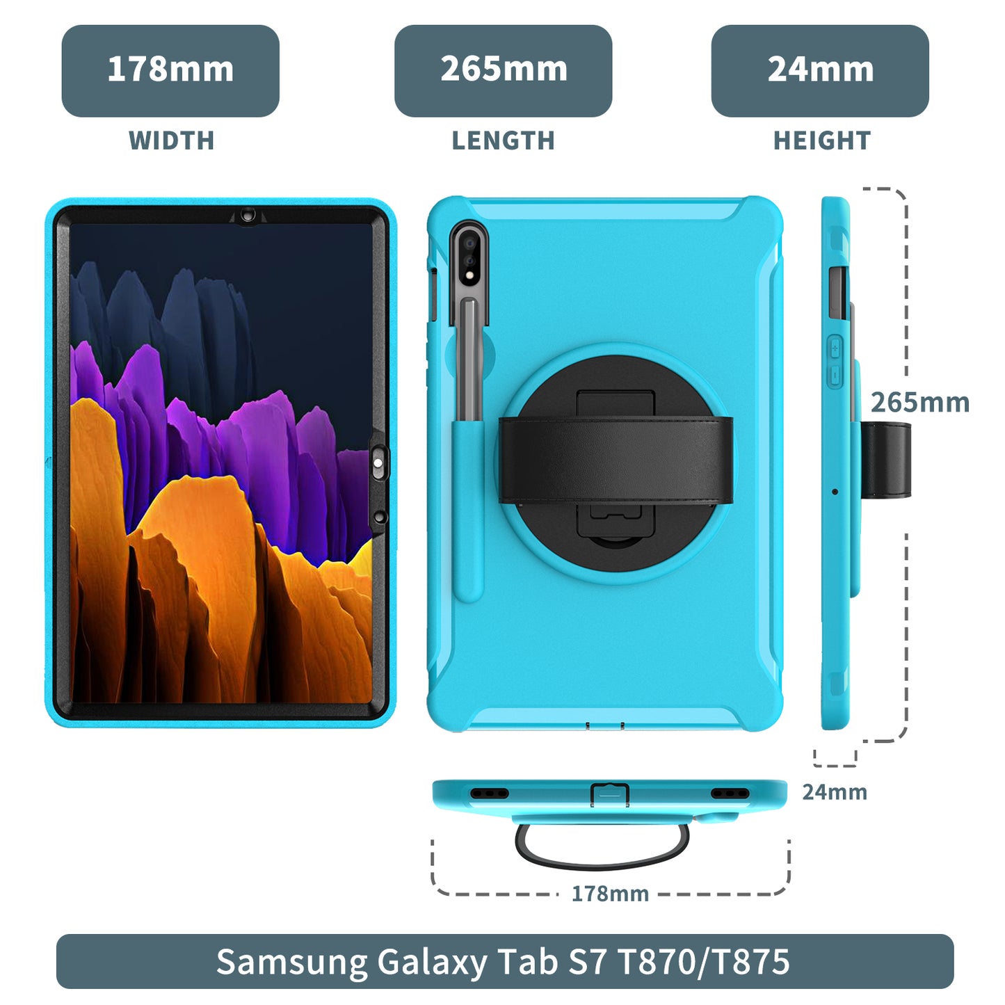 For Samsung Galaxy Tab S7 T870 T875 / S8 X700 / S9 X710 / S9 FE X510 360° Swivel Kickstand PC + TPU Tablet Case with Hand Strap - Green