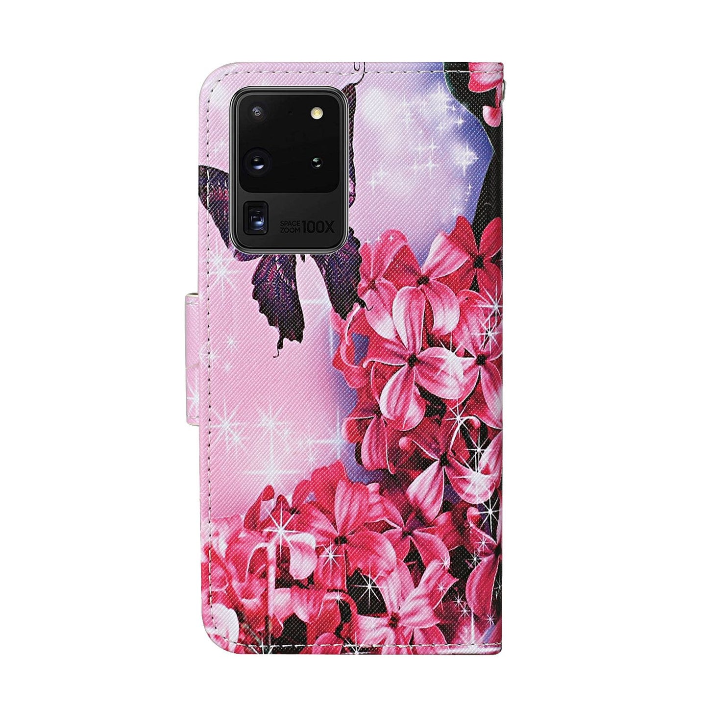 Leather Stand Cover Wallet Pattern Printing Phone Case for Samsung Galaxy S20 Ultra - Red Flower and Butterfly