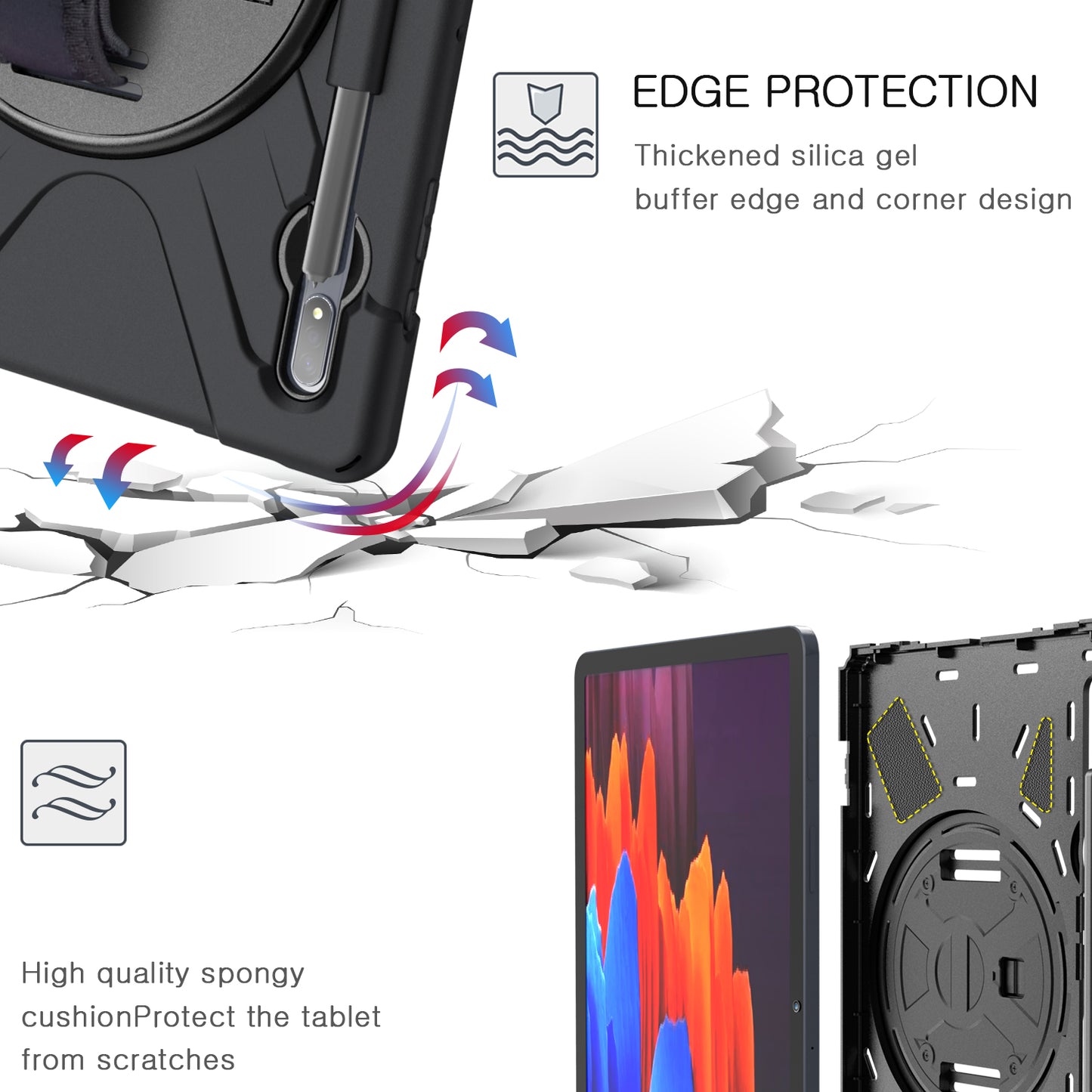 For Samsung Galaxy Tab S7+ / S8+ T970 / X800 / S7FE T730 / S9 + X810 / S9 FE+ X610 360° Swivel Kickstand PC + Silicone Tablet Case - Black