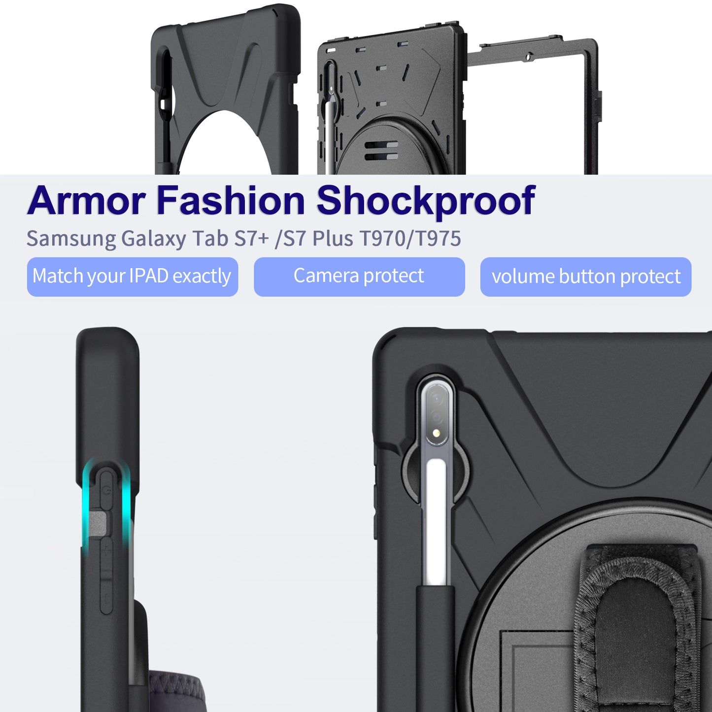 For Samsung Galaxy Tab S7+ / S8+ T970 / X800 / S7FE T730 / S9 + X810 / S9 FE+ X610 360° Swivel Kickstand PC + Silicone Tablet Case - Black