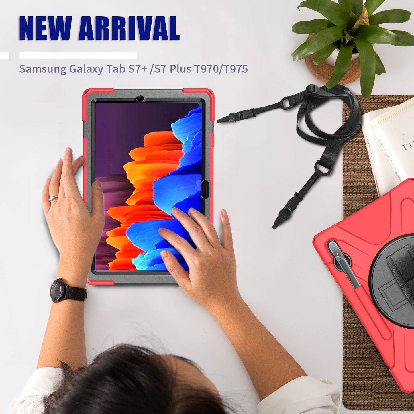 For Samsung Galaxy Tab S7+ / S8+ T970 / X800 / S7FE T730 / S9 + X810 / S9 FE+ X610 360° Swivel Kickstand PC + Silicone Tablet Case - Red