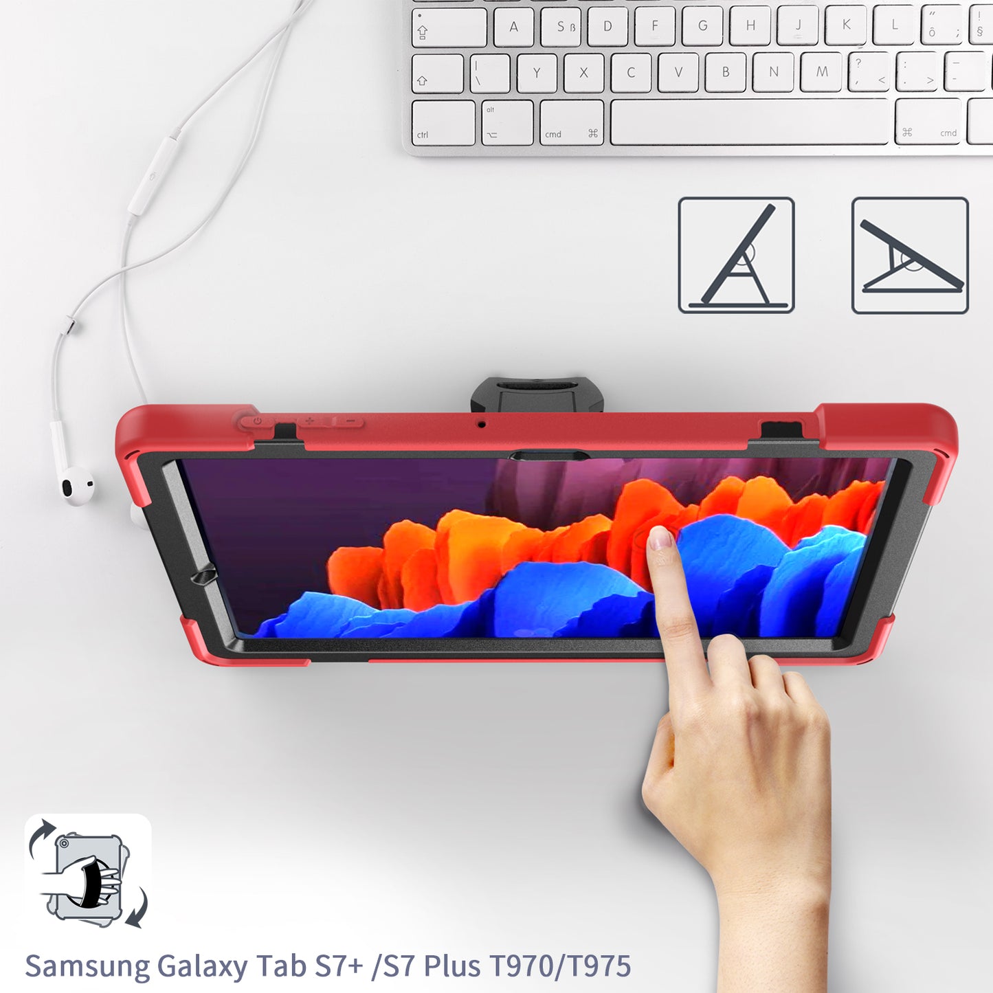 For Samsung Galaxy Tab S7+ / S8+ T970 / X800 / S7FE T730 / S9 + X810 / S9 FE+ X610 360° Swivel Kickstand PC + Silicone Tablet Case - Red