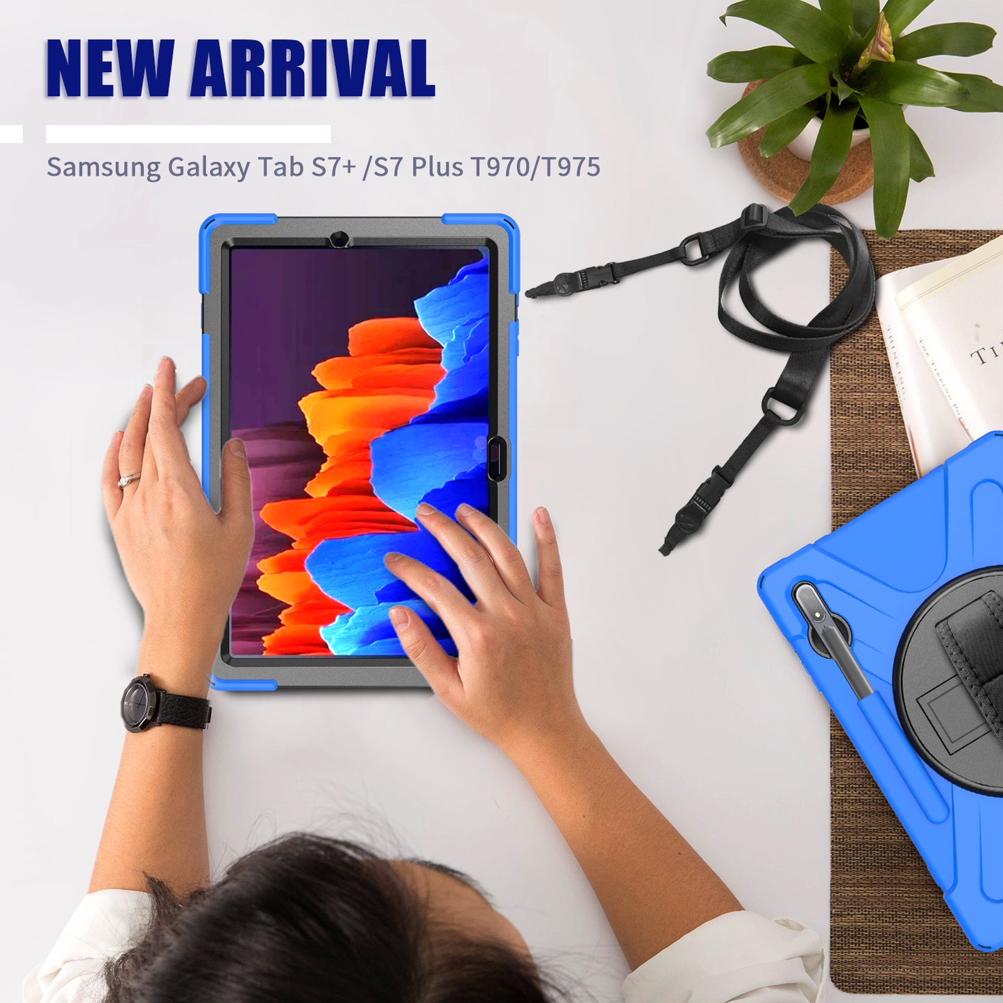 For Samsung Galaxy Tab S7+ / S8+ T970 / X800 / S7FE T730 / S9 + X810 / S9 FE+ X610 360° Swivel Kickstand PC + Silicone Tablet Case - Blue
