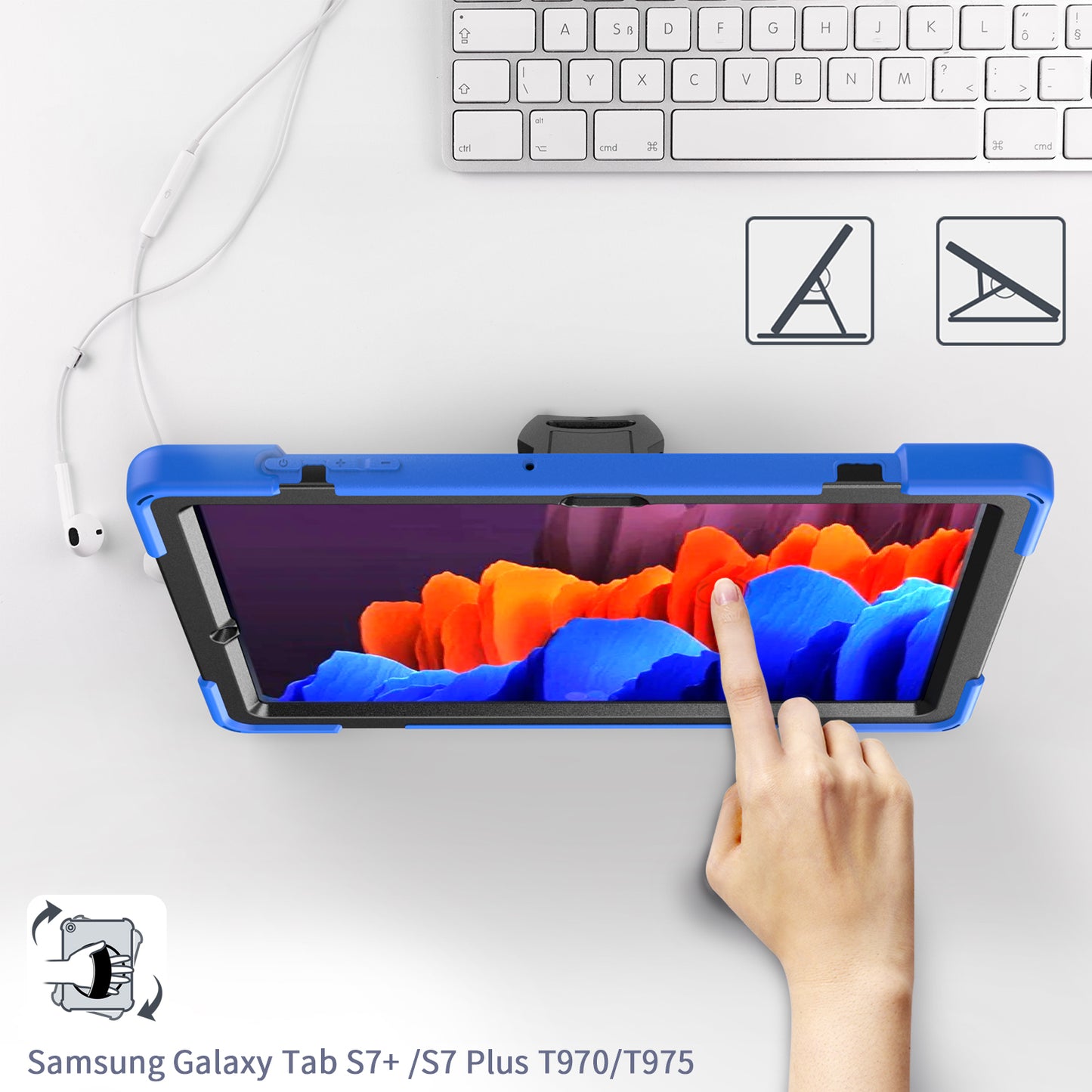 For Samsung Galaxy Tab S7+ / S8+ T970 / X800 / S7FE T730 / S9 + X810 / S9 FE+ X610 360° Swivel Kickstand PC + Silicone Tablet Case - Blue