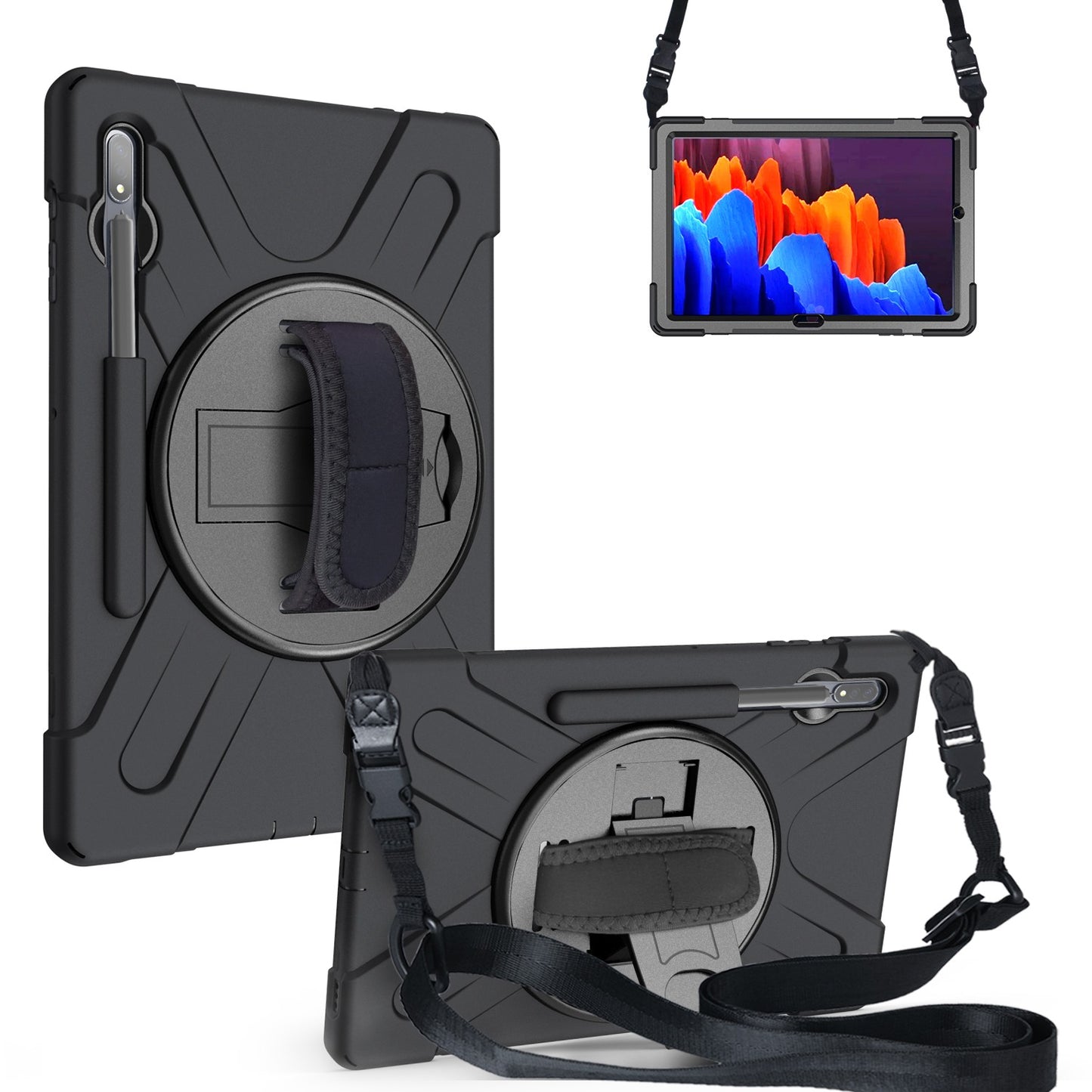 For Samsung Galaxy Tab S7+ / S8+ T970 / X800 / S7 FE T730 / S9+ X810 / S9 FE+ X610 Kickstand PC + Silicone Tablet Case with Shoulder Strap - Black