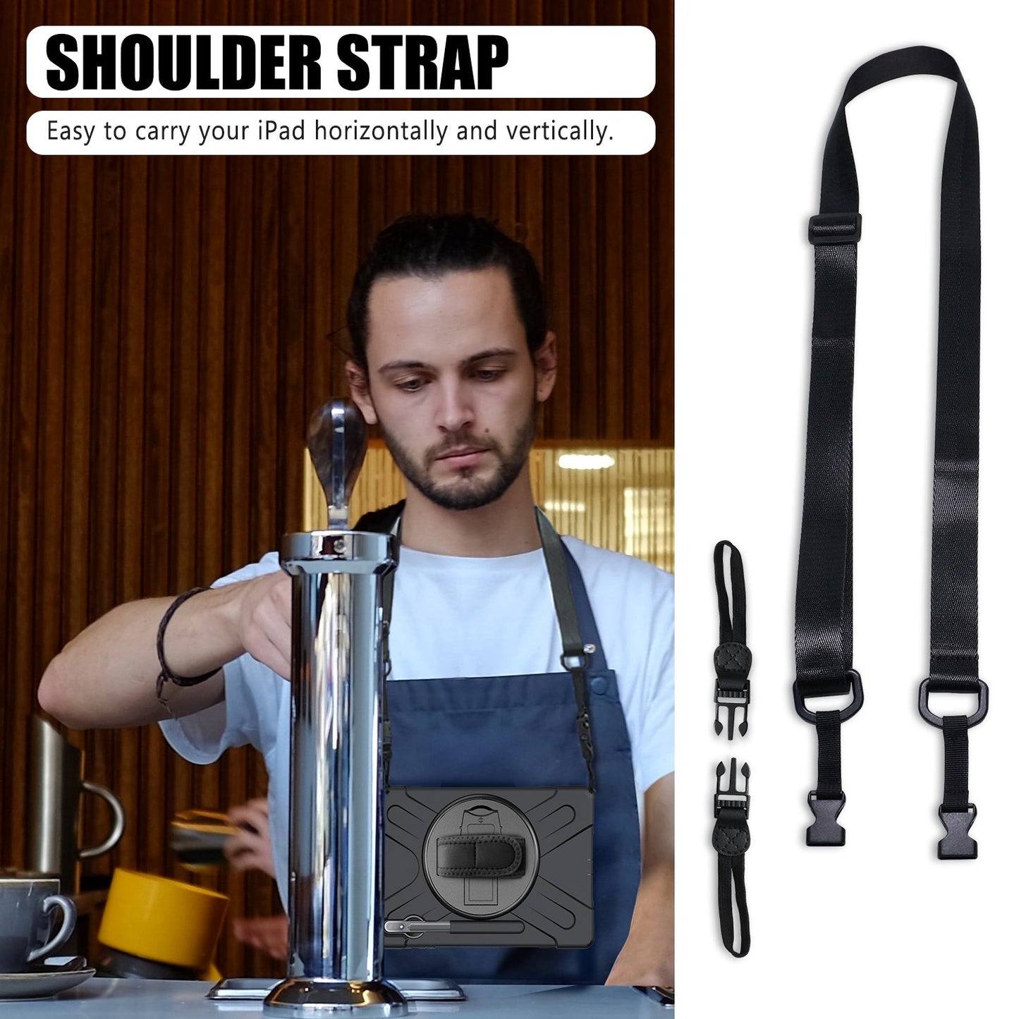 For Samsung Galaxy Tab S7+ / S8+ T970 / X800 / S7 FE T730 / S9+ X810 / S9 FE+ X610 Kickstand PC + Silicone Tablet Case with Shoulder Strap - Black