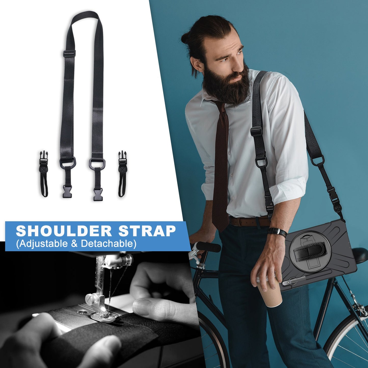 For Samsung Galaxy Tab S7+ / S8+ T970 / X800 / S7 FE T730 / S9+ X810 / S9 FE+ X610 Kickstand PC + Silicone Tablet Case with Shoulder Strap - Black