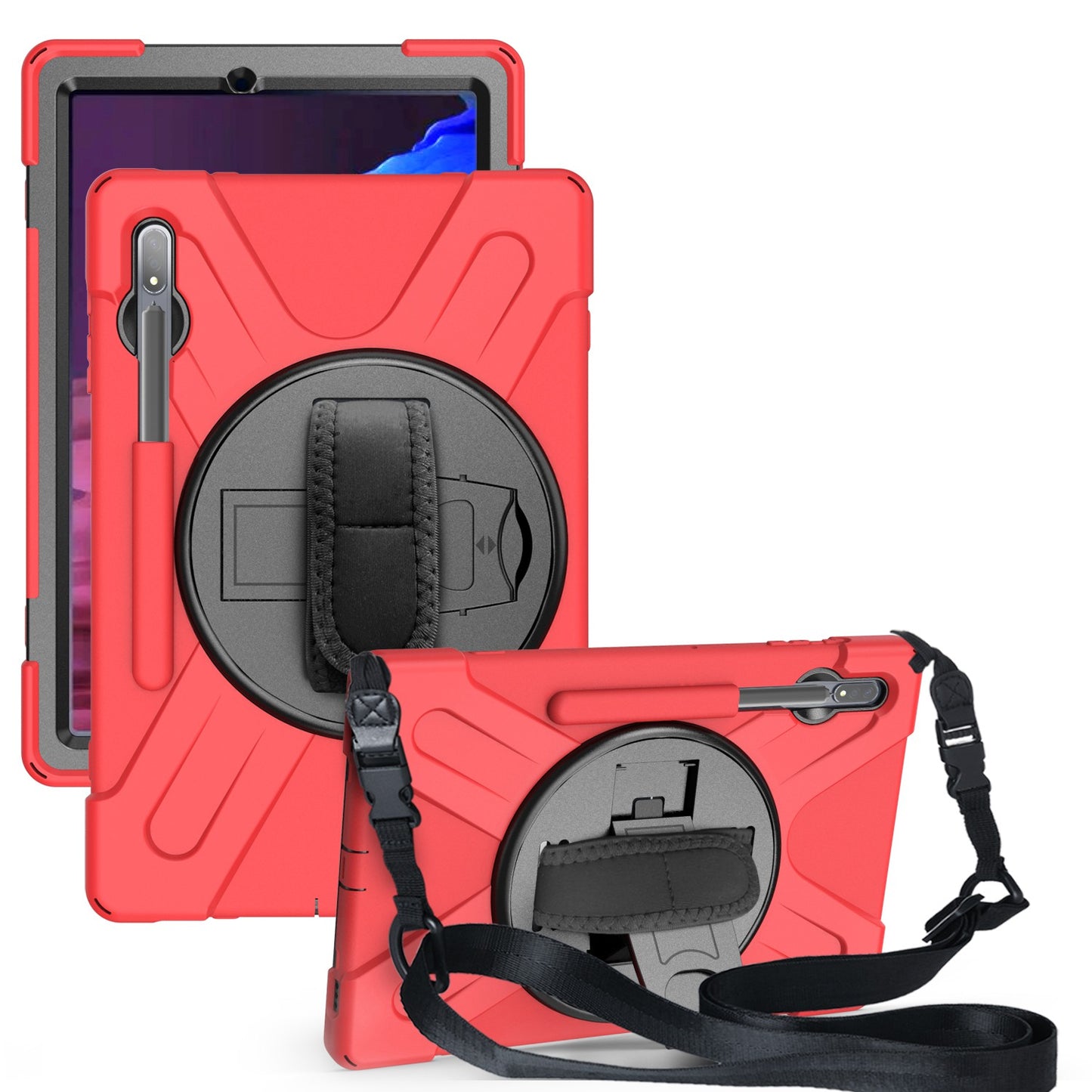For Samsung Galaxy Tab S7+ / S8+ T970 / X800 / S7 FE T730 / S9+ X810 / S9 FE+ X610 Kickstand PC + Silicone Tablet Case with Shoulder Strap - Red