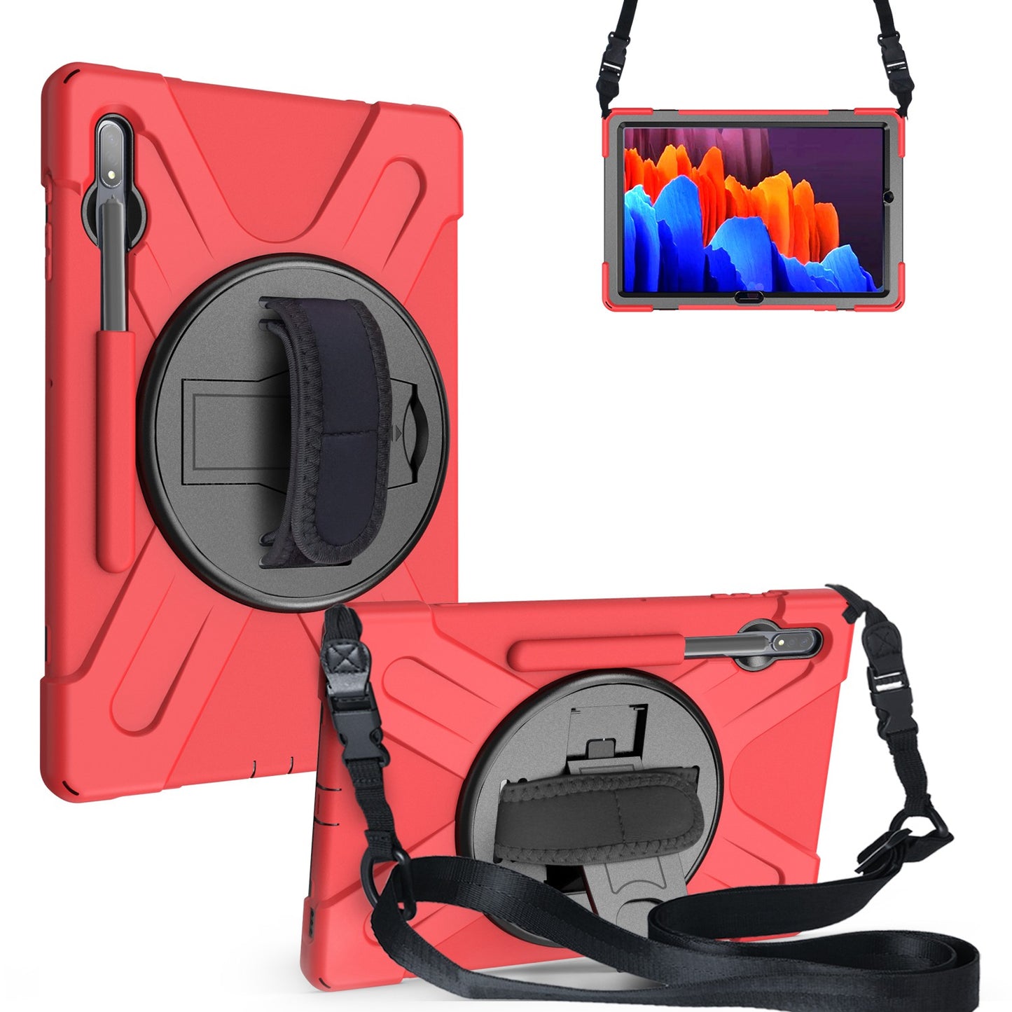 For Samsung Galaxy Tab S7+ / S8+ T970 / X800 / S7 FE T730 / S9+ X810 / S9 FE+ X610 Kickstand PC + Silicone Tablet Case with Shoulder Strap - Red