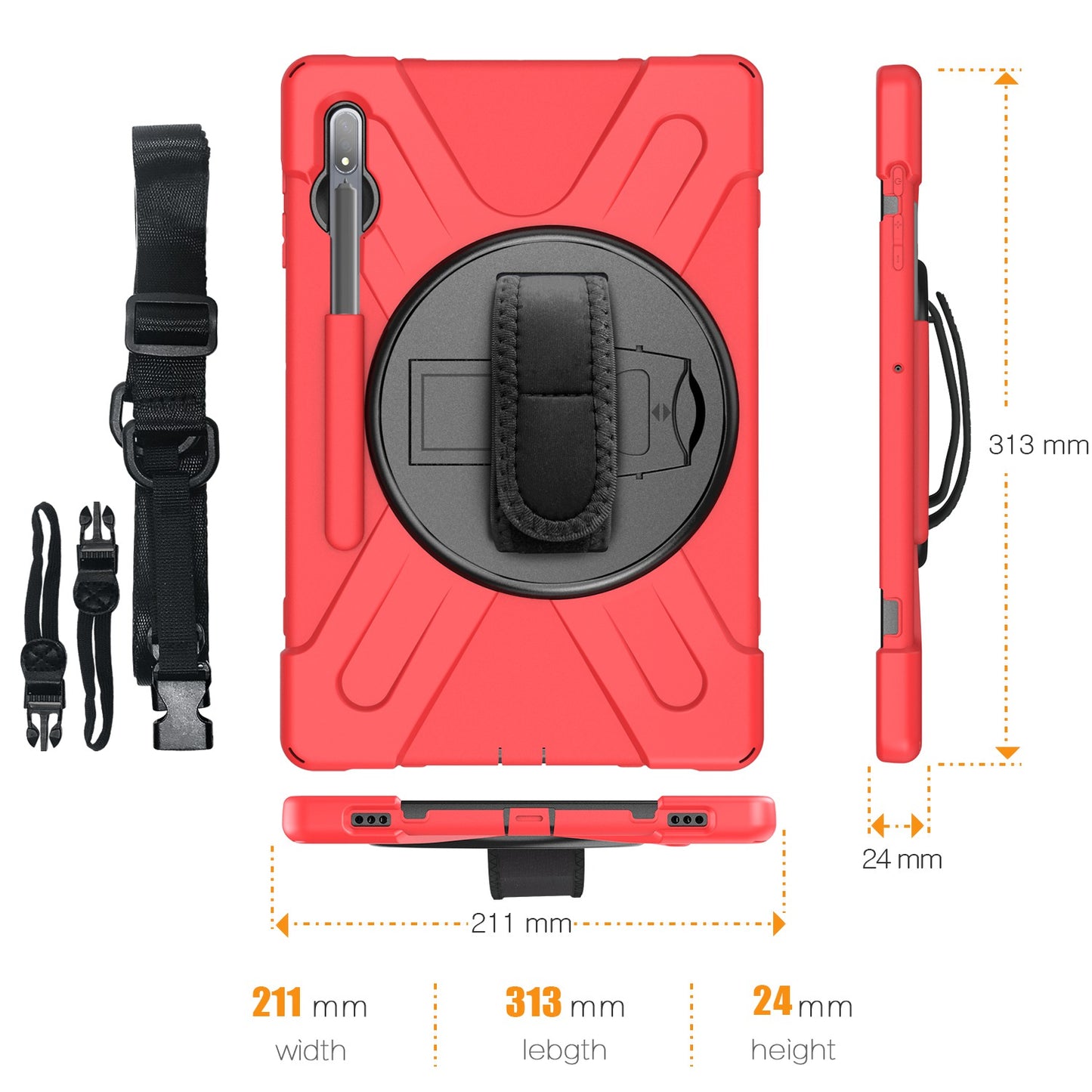 For Samsung Galaxy Tab S7+ / S8+ T970 / X800 / S7 FE T730 / S9+ X810 / S9 FE+ X610 Kickstand PC + Silicone Tablet Case with Shoulder Strap - Red