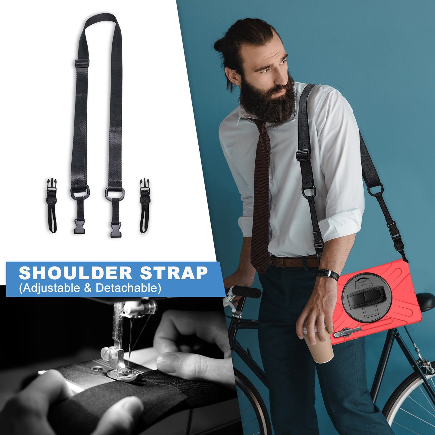 For Samsung Galaxy Tab S7+ / S8+ T970 / X800 / S7 FE T730 / S9+ X810 / S9 FE+ X610 Kickstand PC + Silicone Tablet Case with Shoulder Strap - Red