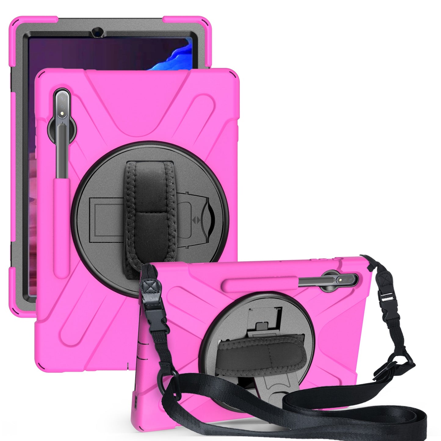 For Samsung Galaxy Tab S7+ / S8+ T970 / X800 / S7 FE T730 / S9+ X810 / S9 FE+ X610 Kickstand PC + Silicone Tablet Case with Shoulder Strap - Rose
