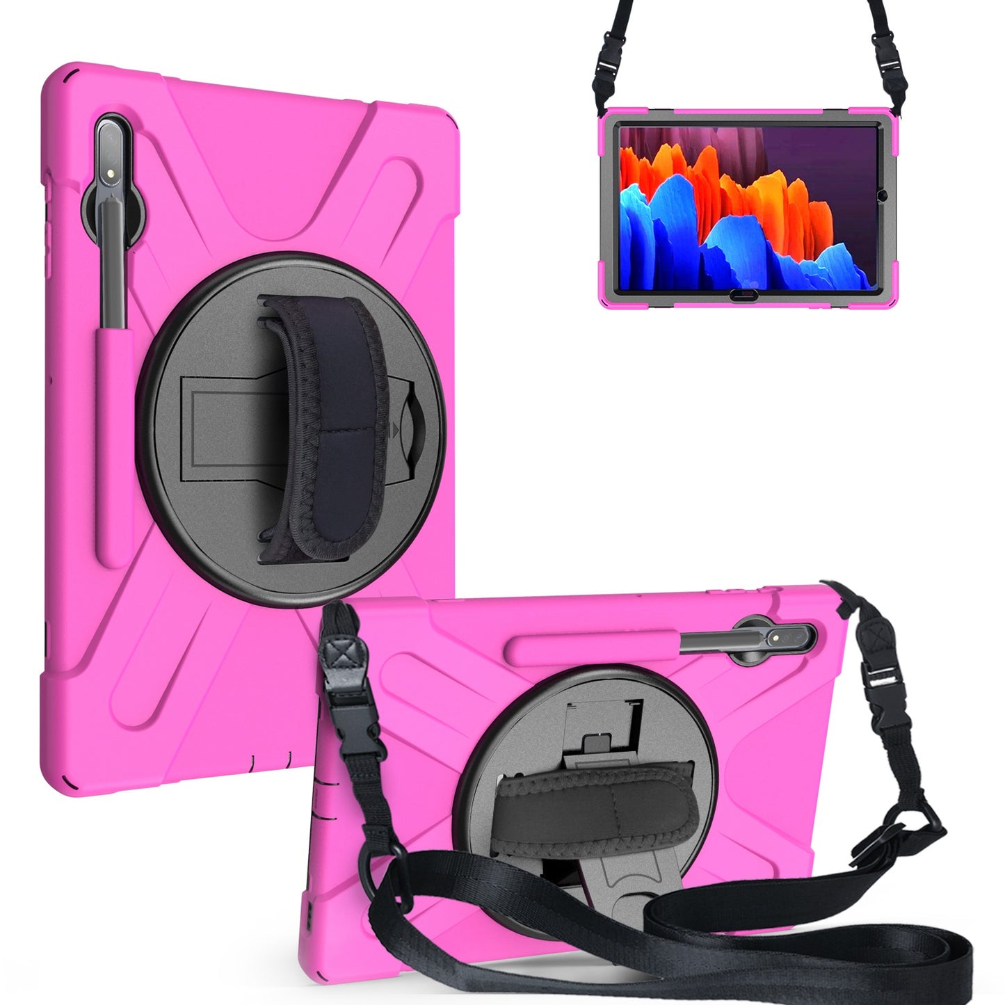 For Samsung Galaxy Tab S7+ / S8+ T970 / X800 / S7 FE T730 / S9+ X810 / S9 FE+ X610 Kickstand PC + Silicone Tablet Case with Shoulder Strap - Rose