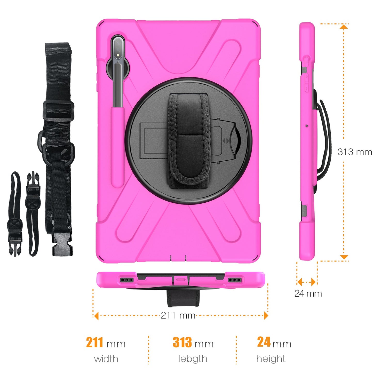 For Samsung Galaxy Tab S7+ / S8+ T970 / X800 / S7 FE T730 / S9+ X810 / S9 FE+ X610 Kickstand PC + Silicone Tablet Case with Shoulder Strap - Rose