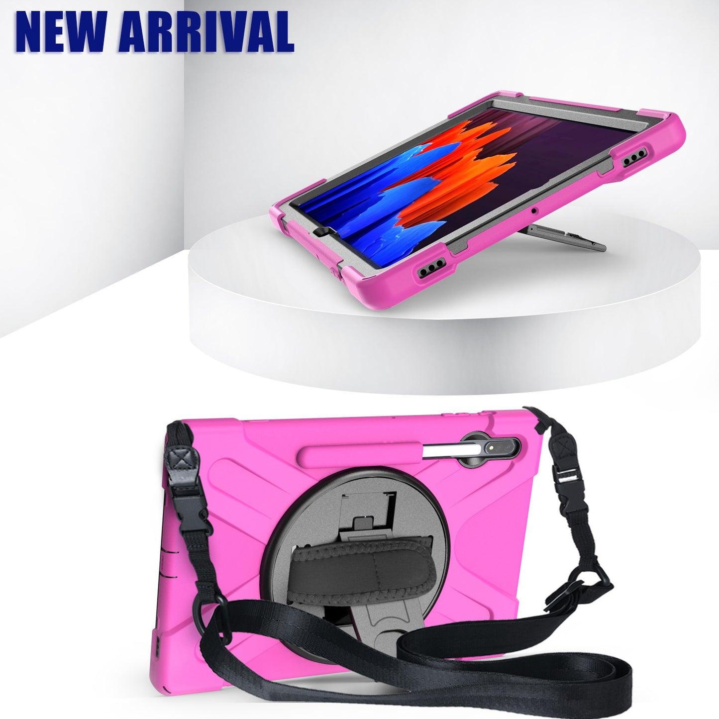 For Samsung Galaxy Tab S7+ / S8+ T970 / X800 / S7 FE T730 / S9+ X810 / S9 FE+ X610 Kickstand PC + Silicone Tablet Case with Shoulder Strap - Rose