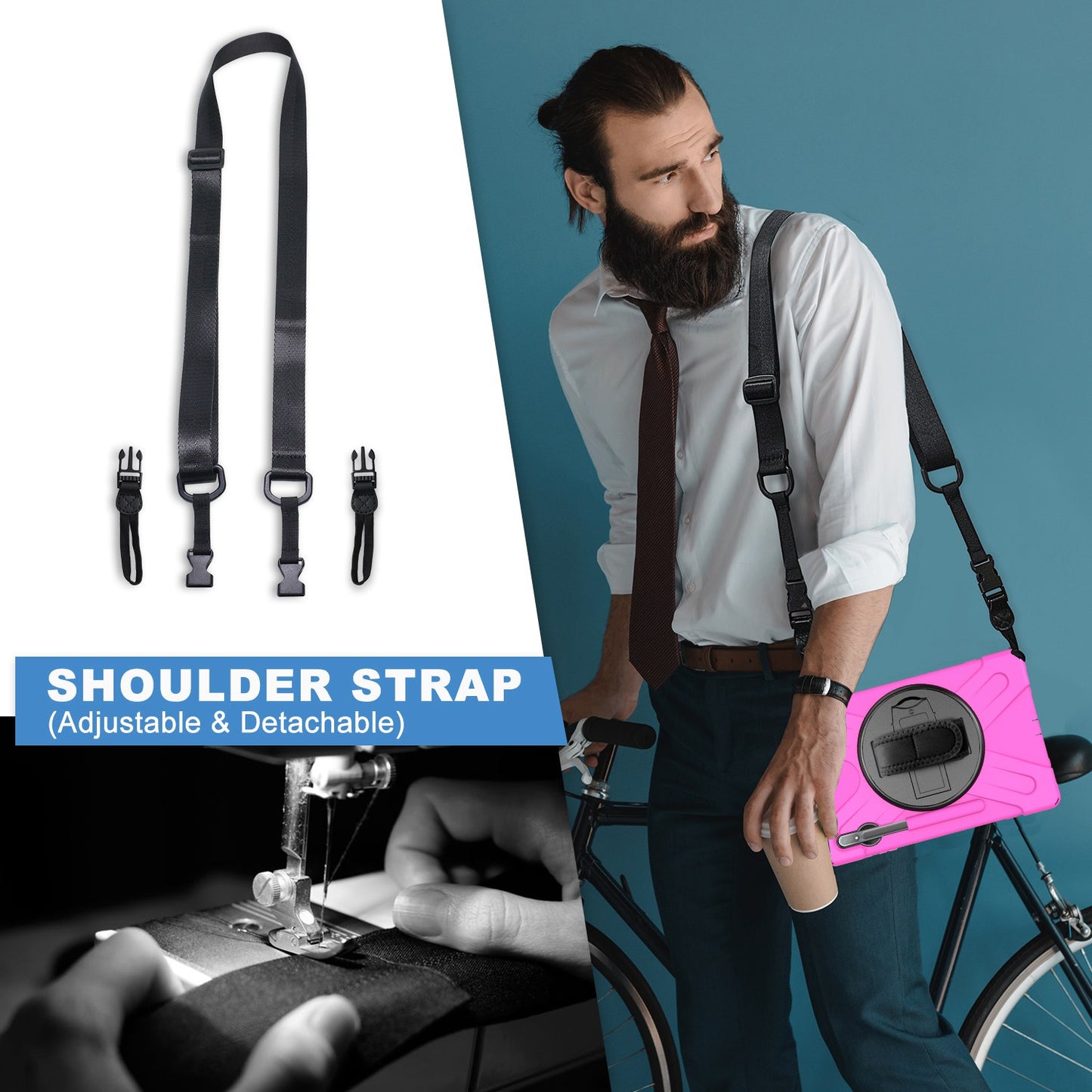 For Samsung Galaxy Tab S7+ / S8+ T970 / X800 / S7 FE T730 / S9+ X810 / S9 FE+ X610 Kickstand PC + Silicone Tablet Case with Shoulder Strap - Rose