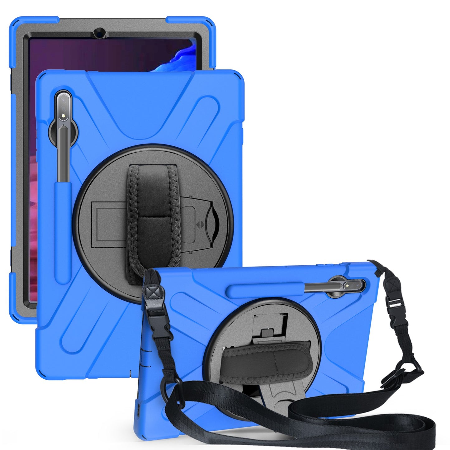For Samsung Galaxy Tab S7+ / S8+ T970 / X800 / S7 FE T730 / S9+ X810 / S9 FE+ X610 Kickstand PC + Silicone Tablet Case with Shoulder Strap - Blue
