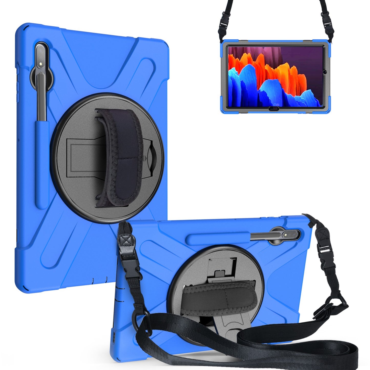 For Samsung Galaxy Tab S7+ / S8+ T970 / X800 / S7 FE T730 / S9+ X810 / S9 FE+ X610 Kickstand PC + Silicone Tablet Case with Shoulder Strap - Blue