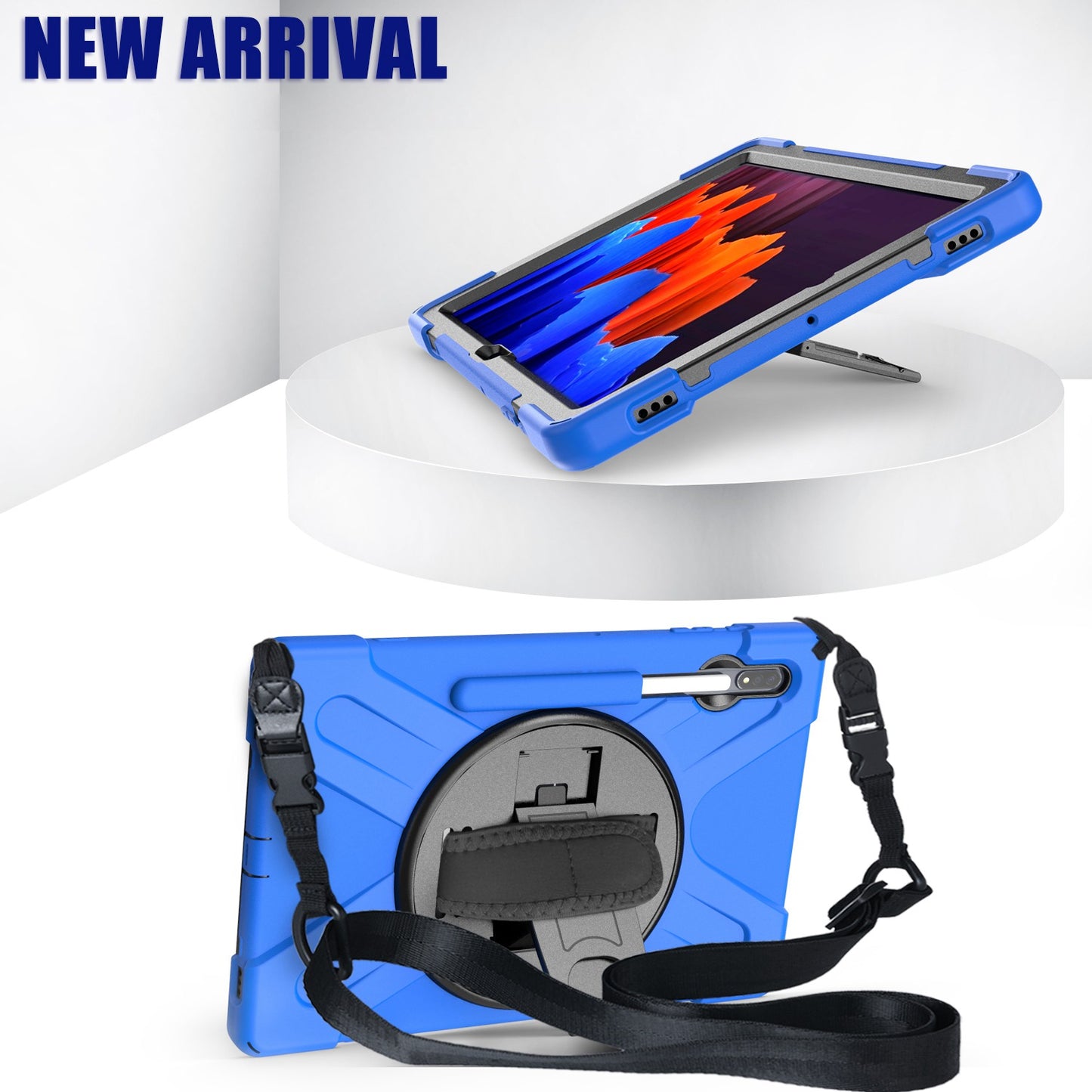 For Samsung Galaxy Tab S7+ / S8+ T970 / X800 / S7 FE T730 / S9+ X810 / S9 FE+ X610 Kickstand PC + Silicone Tablet Case with Shoulder Strap - Blue
